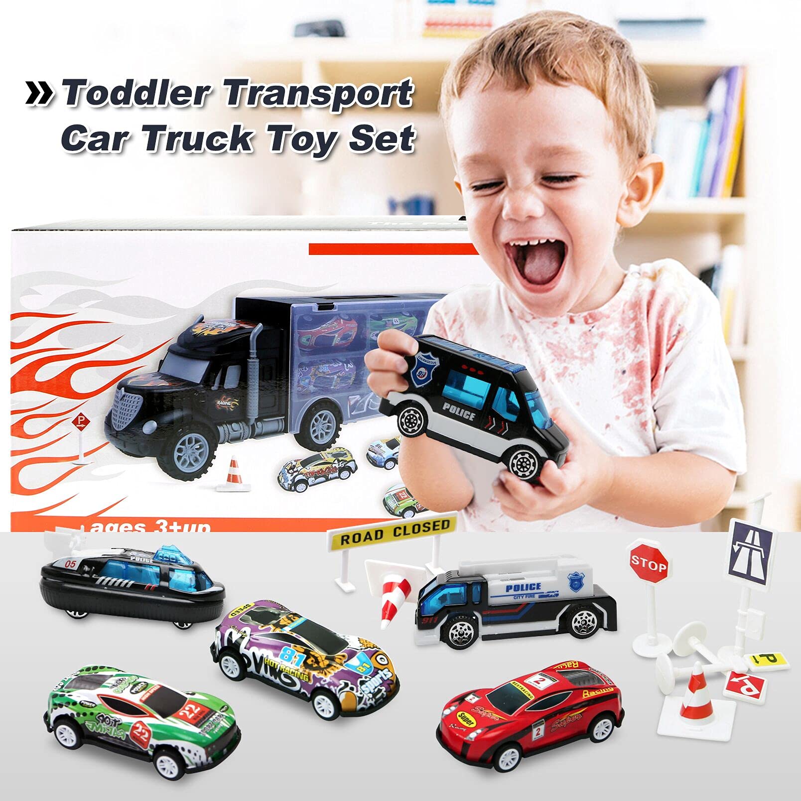 Toddler Toys for 3-4 Year Old Boys,Large Transport Cars Carrier Set Truck Toys with 12 Die cast Vehicles Truck Toys Cars,Ideal Christmas Easter Gifts