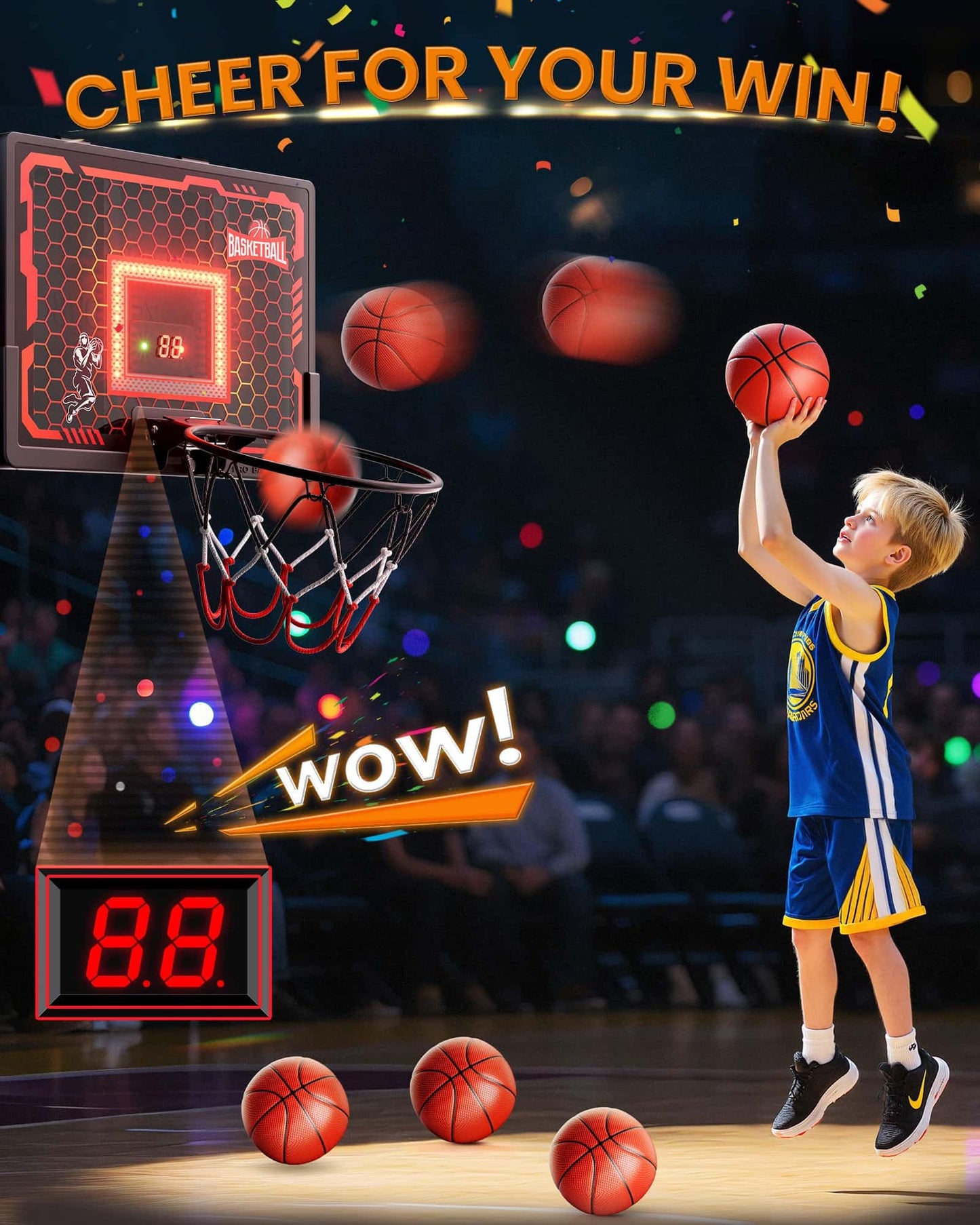 Indoor Basketball Hoop Pro for Kids, Over The Door Basketball Hoop with LED Light/Scoreboard/4 Balls- Upgraded Anti-Impact Backboard, Basketball Toys