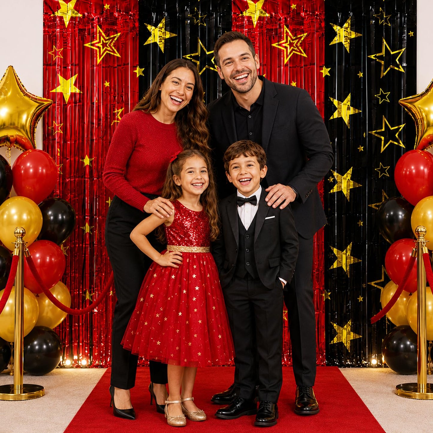 2 Pack Movie Night Foil Fringe Curtains Backdrop Decorations, 3.3 x 6.6 Ft Star Red and Black Movie Night Tinsel Streamers Backdrop for Movie Theater