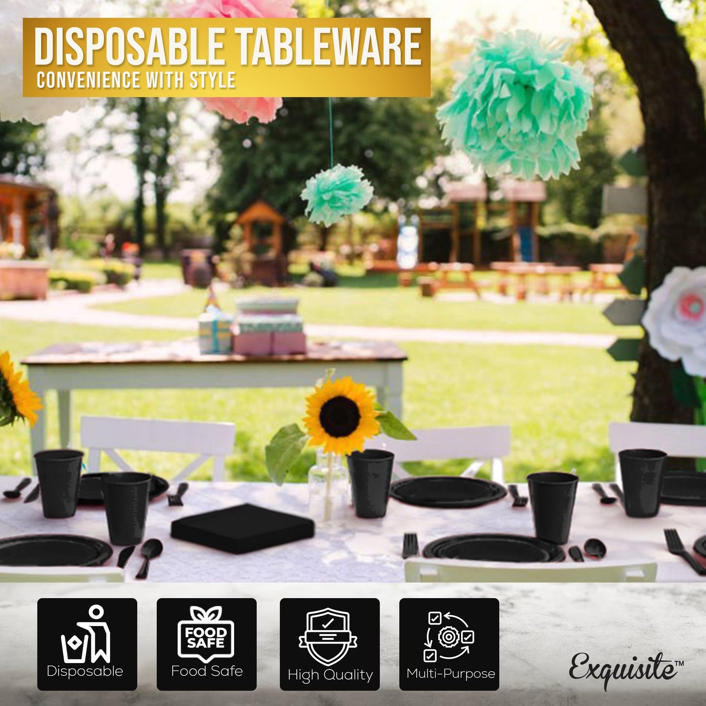 350 Pcs Black Plastic Plates For Party, Black Disposable Plates Set, 50 Of Each 9" Dinner Plate Set, 7" Dessert Plate, Cups, Napkins & Cutlery Plastic