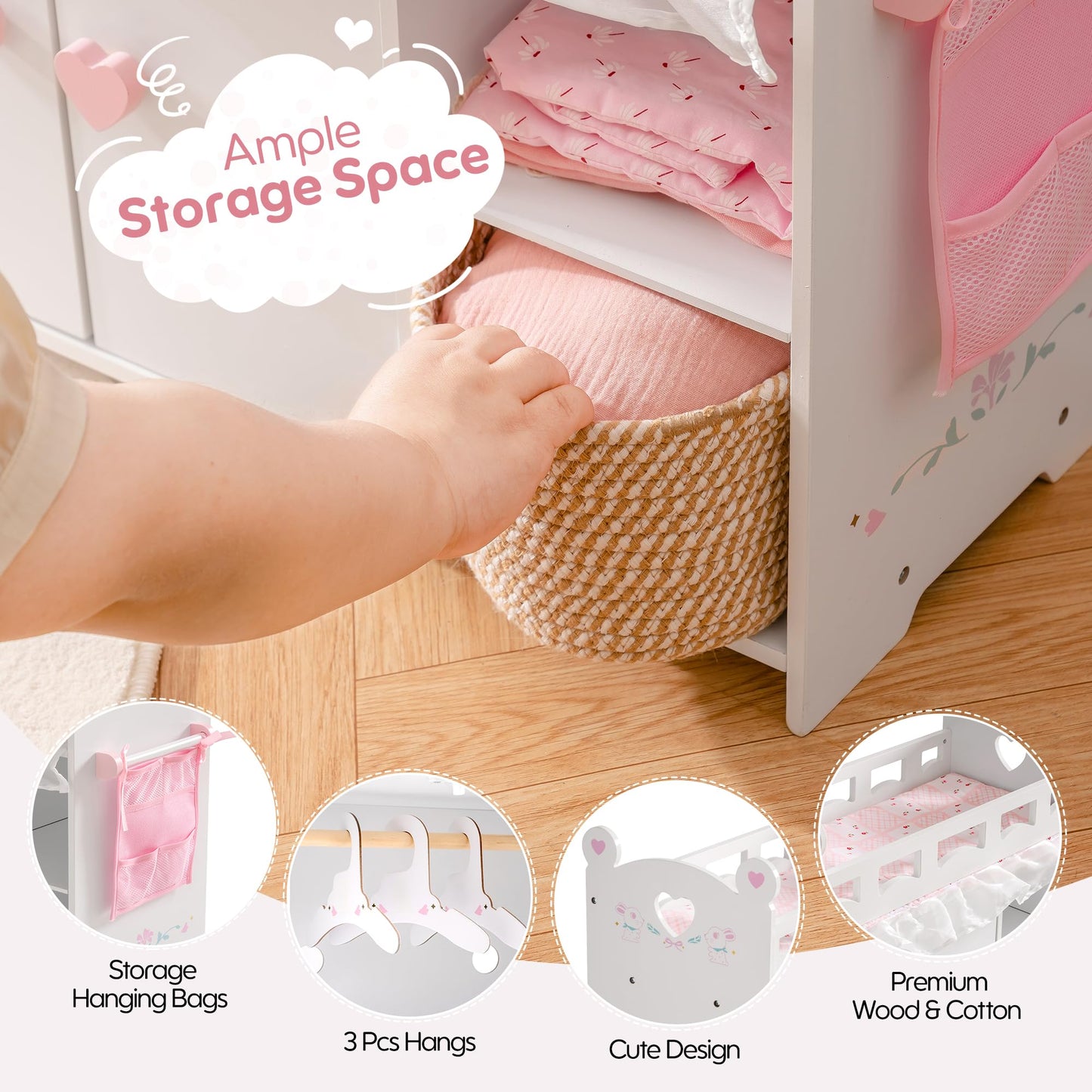 ROBOTIME Baby Doll Crib - Wooden Baby Doll Changing Table with Storage - Bedding & Hooks, Fits 18-21" Dolls, Doll Bed Playset for Girls Ages 3+
