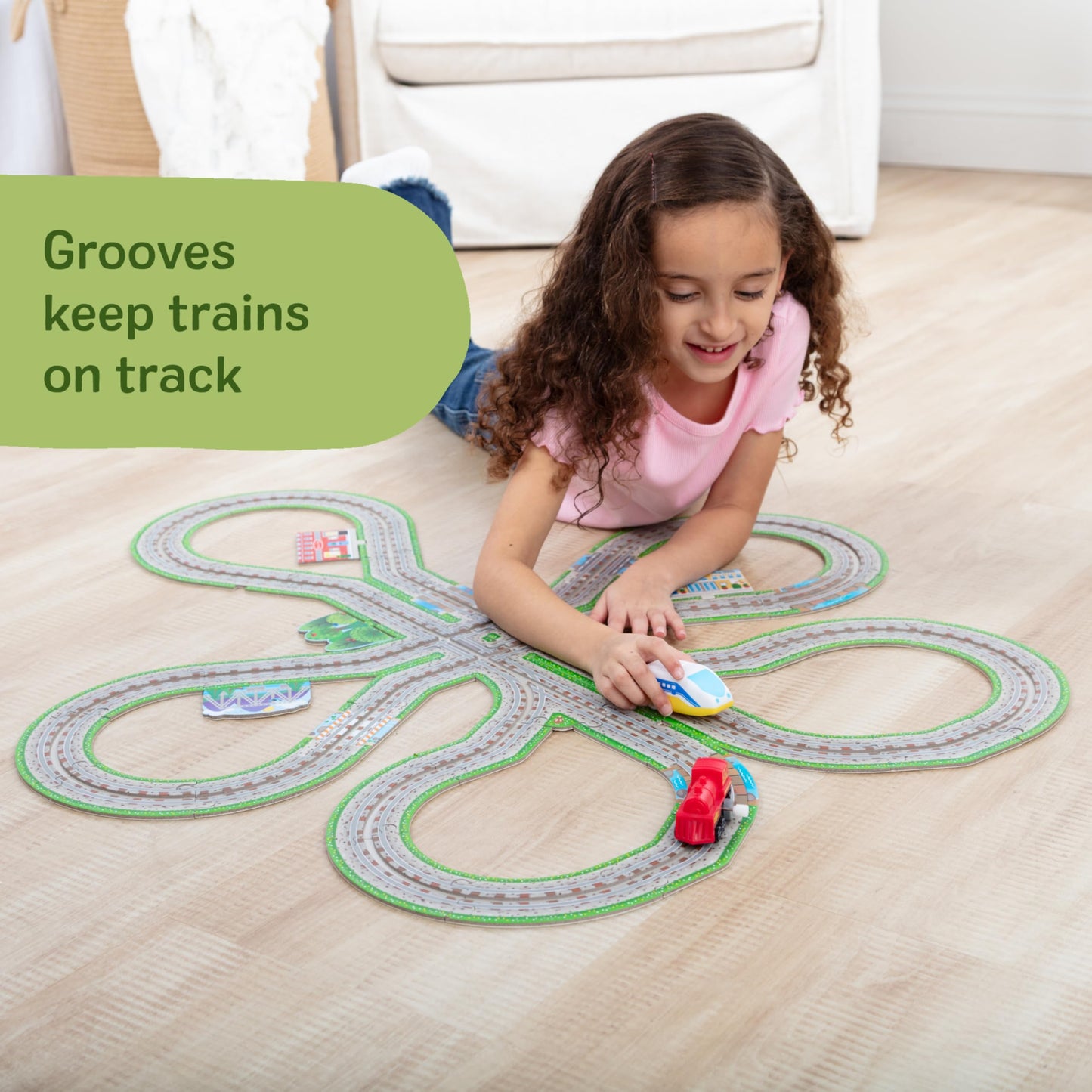 Melissa & Doug Design Your Own Railroad 48-Piece Floor Puzzle with 2 Wind-up Toy Trains and Interchangeable Scenery, Kids Puzzles with Preschool Toys