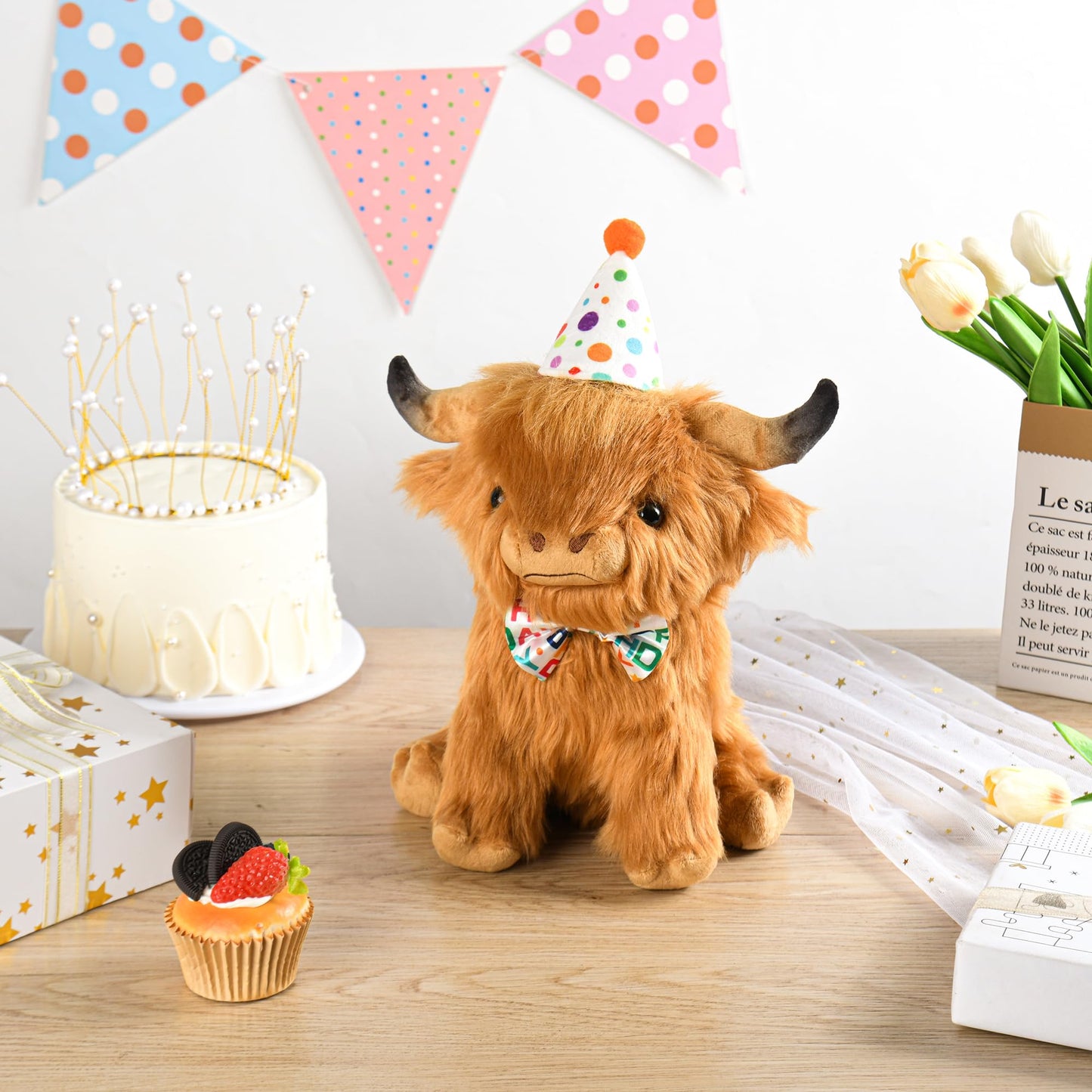 YZXZM Happy Birthday Highland Cow Plush, Birthday Stuffed Animal, Soft Plushie Cute Cow Plush Pillow Gifts for Boys & Girls (9.8 Inch)