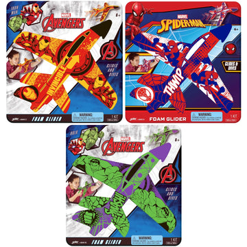 JA-RU Marvel Foam Glider Toy. Launching Airplane Toy For Kids. Glides & Dives High. (Pack of 3) with Spiderman, Hulk, & Iron Man. Classroom Prize, Gag