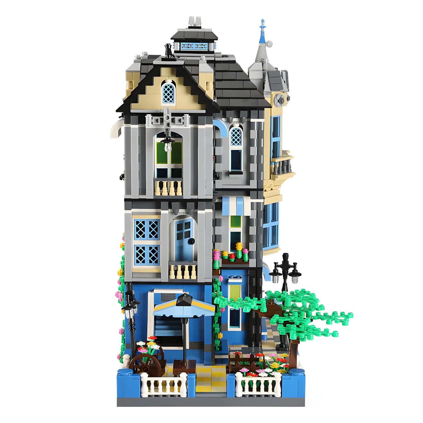 General Jim's Victorian Townhouse & Garden Coffee Shop Building Block Set, 2313 Pieces, 3-Story Modular City Building Model, Blue and Yellow