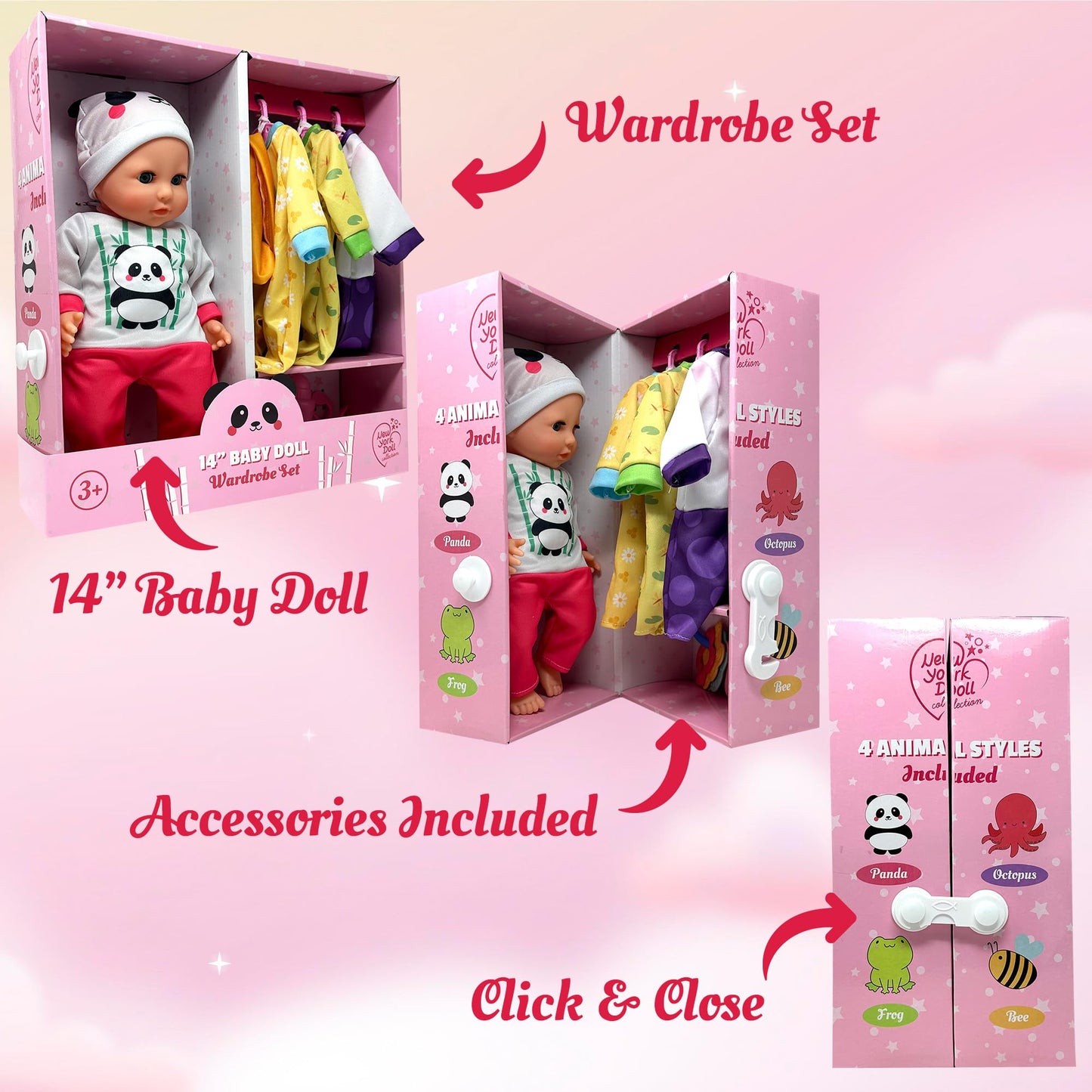 Soft Body Baby Doll with Accessories & 4 Sets of Animal Outfits, Realistic Baby Doll with Clothes & Toys, 14 Inch Doll Play Set Wardrobe Closet, Baby
