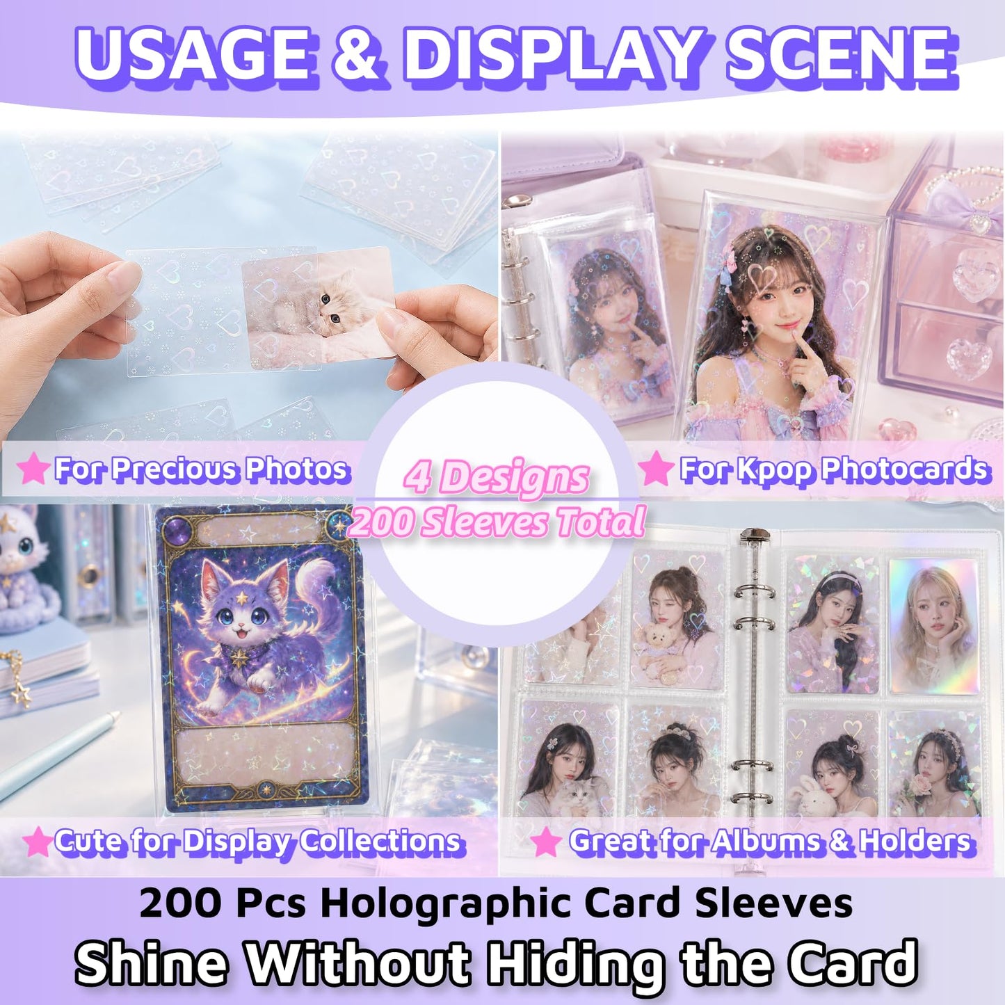 Kevvnza 200 Pcs Holographic Card Sleeves 65x91mm, Clear Kpop Photocard Sleeves, Laser Flashing Trading Card Protectors for Photo Cards, TCG, Sports
