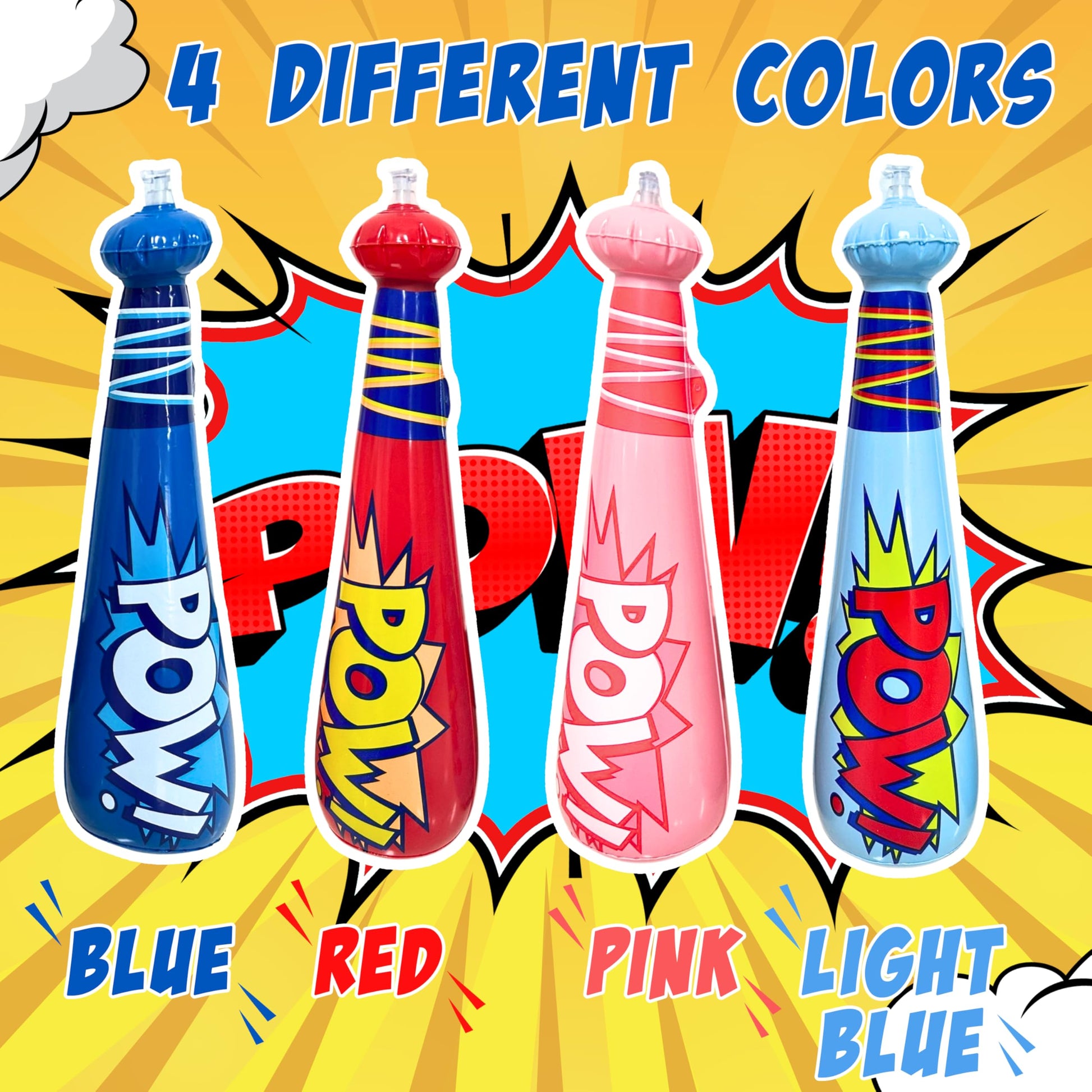 4E's Novelty 25 Piece Set Inflatable Baseball Bats with Pow Design, 12 Punch Balloons for Kids, 1 Huge 30" Bopper for Super Hero Birthday Bat