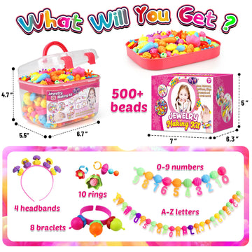 FUNZBO 520+ Snap Pop Beads - Jewelry Making Beads Charms Style Craft Kit, Arts and Crafts for Kids Ages 4-8, Toys for 3 4 5 6 7 Years Old Girls