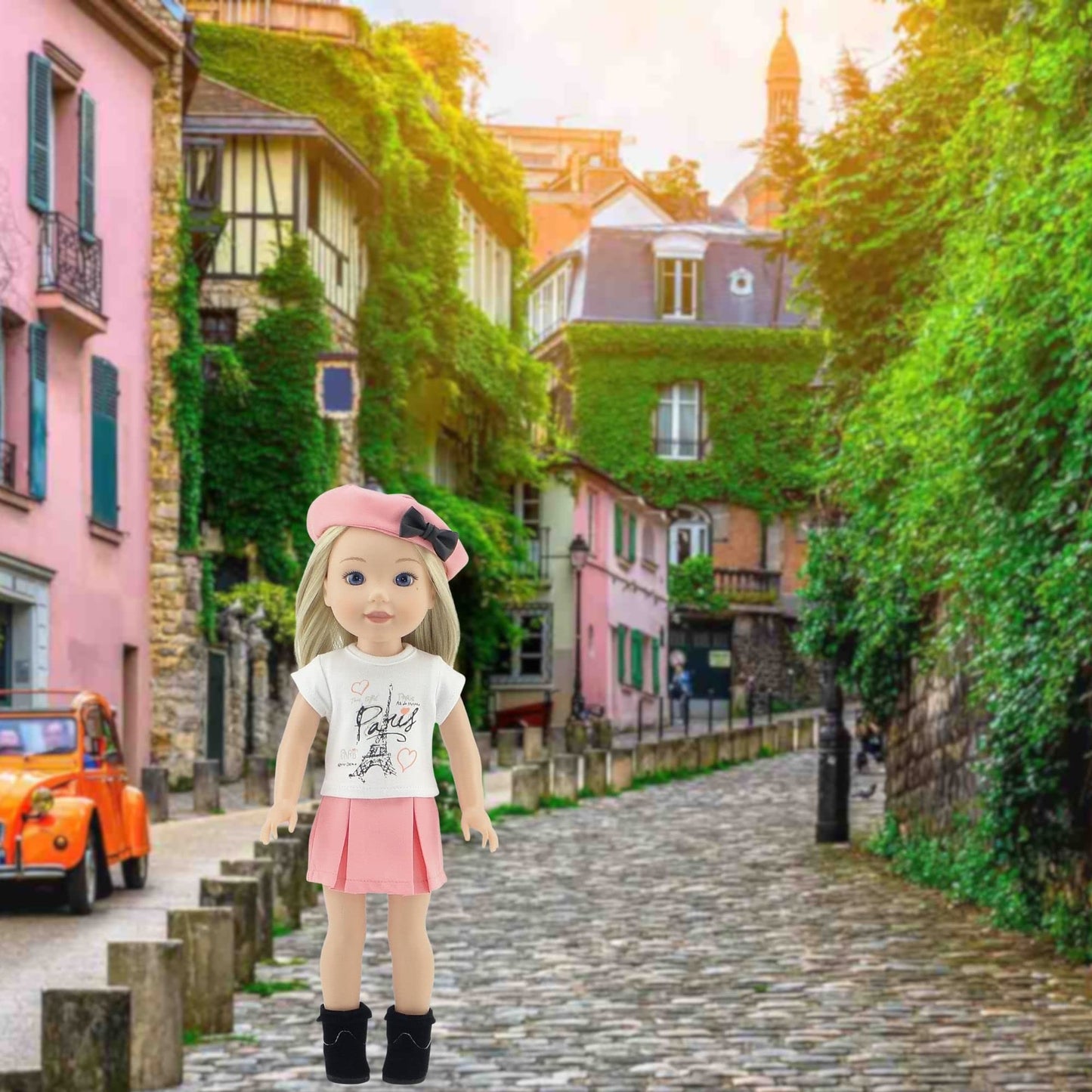 Emily Rose 14" Doll Parisian Outfit 5-PC - Pink Skirt, Paris Tee, Beret & Boots | Glitter Girls and Wellie Wishers Compatible | Gift Boxed | Doll NOT