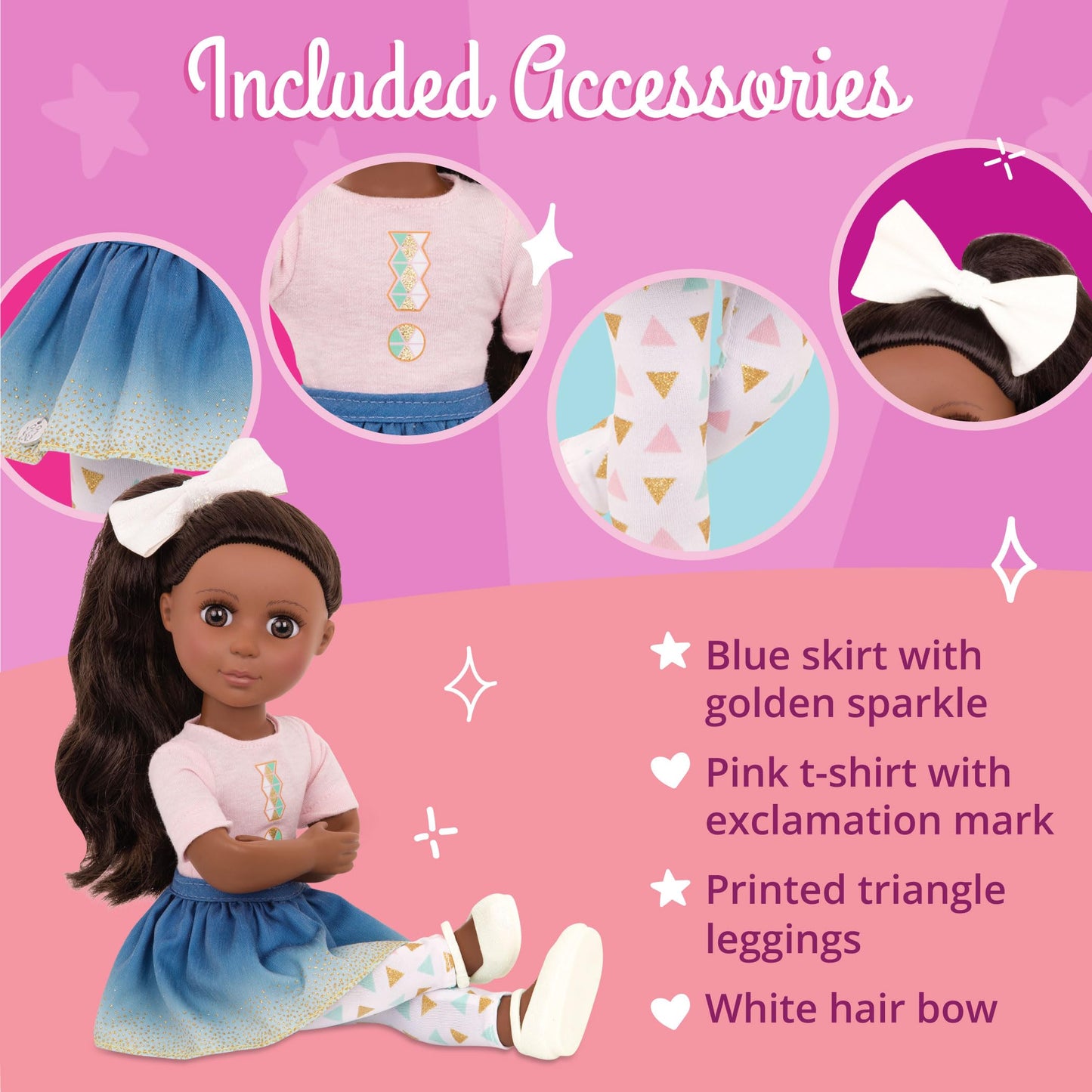 Glitter Girls - 14-Inch Fashion Doll - Long Brown Hair & Brown Eyes - Top & Blue - Ombre Skirt with Gold Glitter - Medium - Dark Skin Tone - 3+ Years