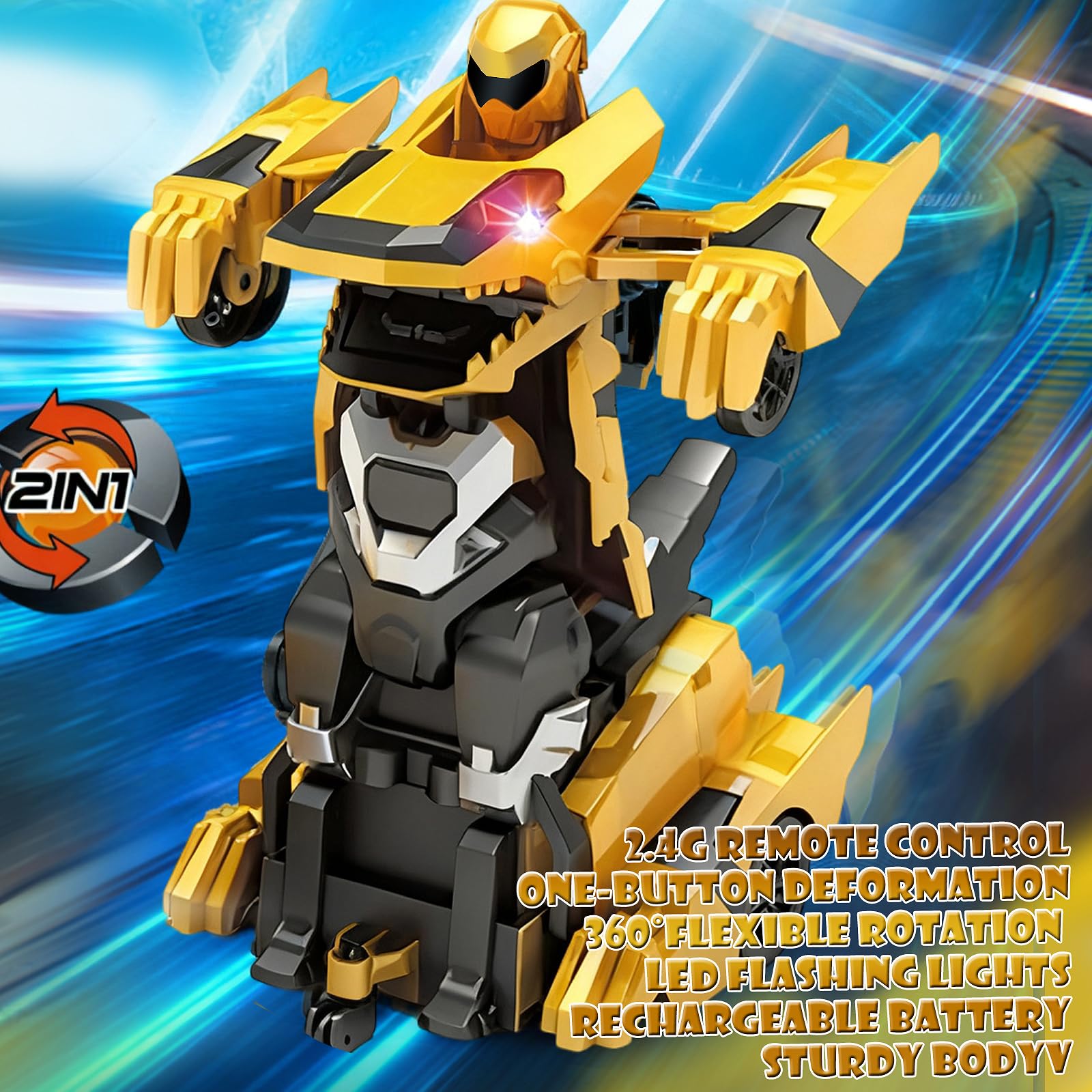 Ufilni Kids Toys Dinosaur Transform Rc Cars, 2.4Ghz Remote Control Car Transforming Robot with Flashing Light, 360° Rotation One Button Deformation