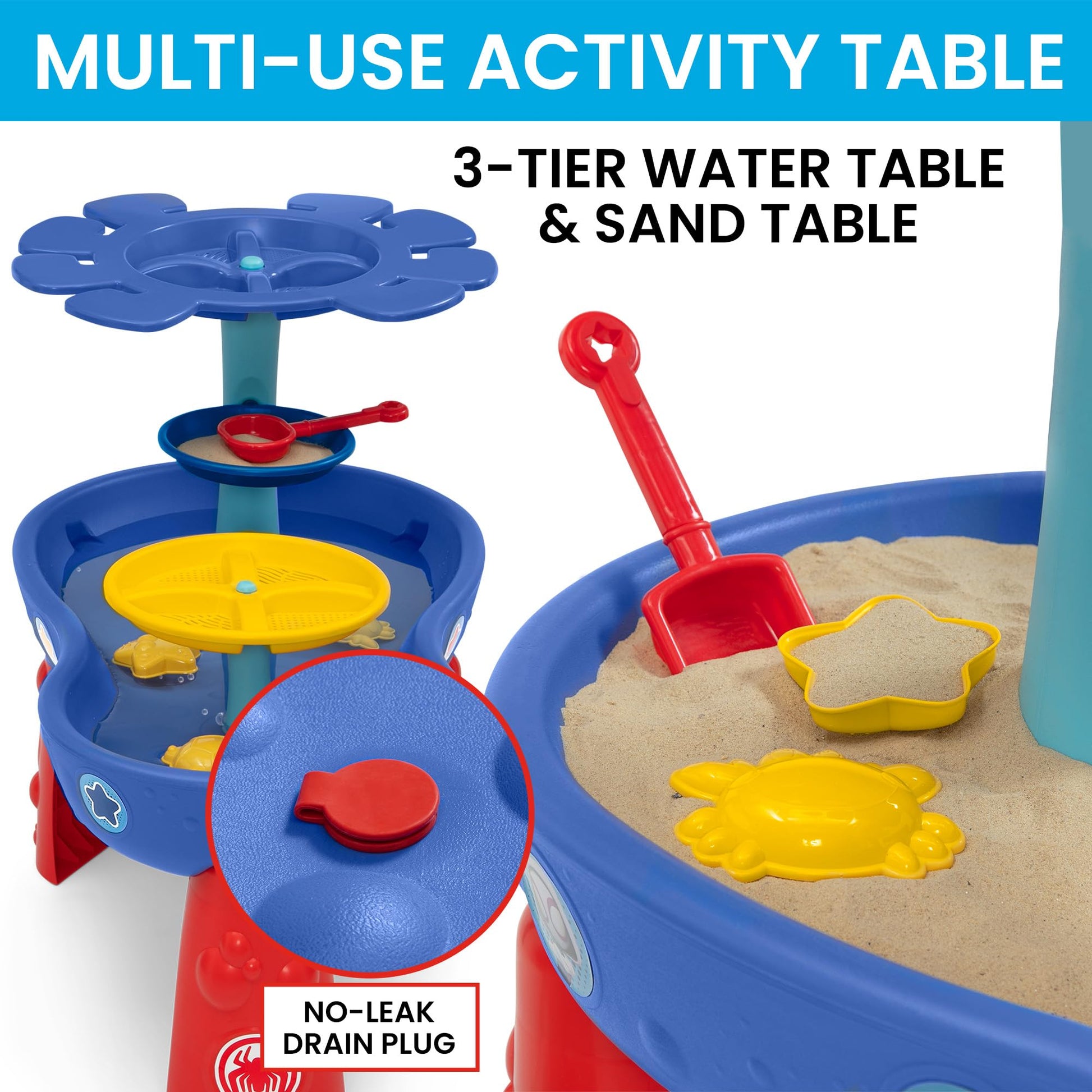 Spidey and His Amazing Friends Water Table by Delta Children | 3-Tier Activity Water Play Table with 11-Piece Toy Set | Water Sensory Table + Beach