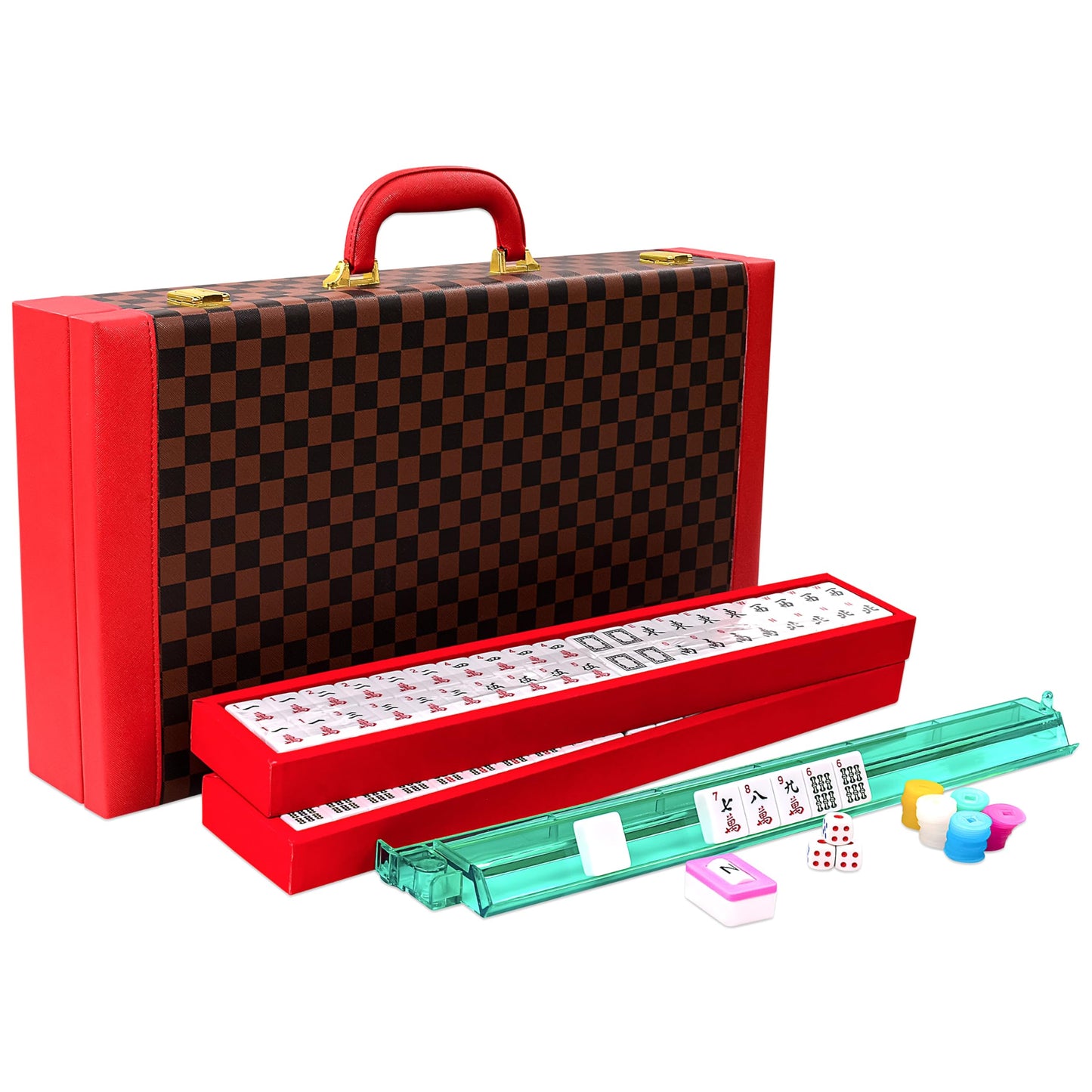 American Mahjong Set 166 Tiles, Complete Mahjong Game Kit with Portable Leather Suitcase, 4 Racks, 2 Storage Trays, Dice, Wind Indicator, Chips, Full