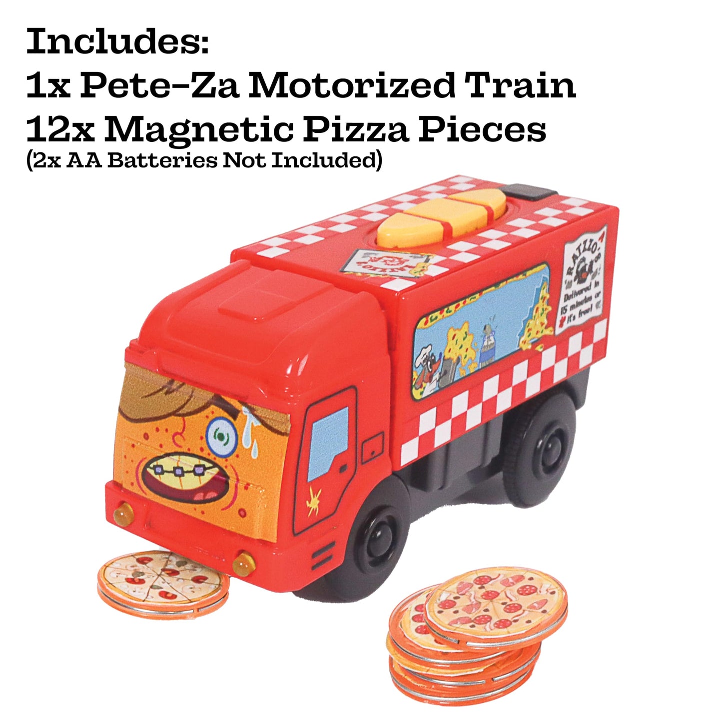 Pete-Za Motorized Train for Wooden Track - Pizza Themed Battery Operated Locomotive - Includes Magnetic Pizza Pieces - Electric Powered Engine