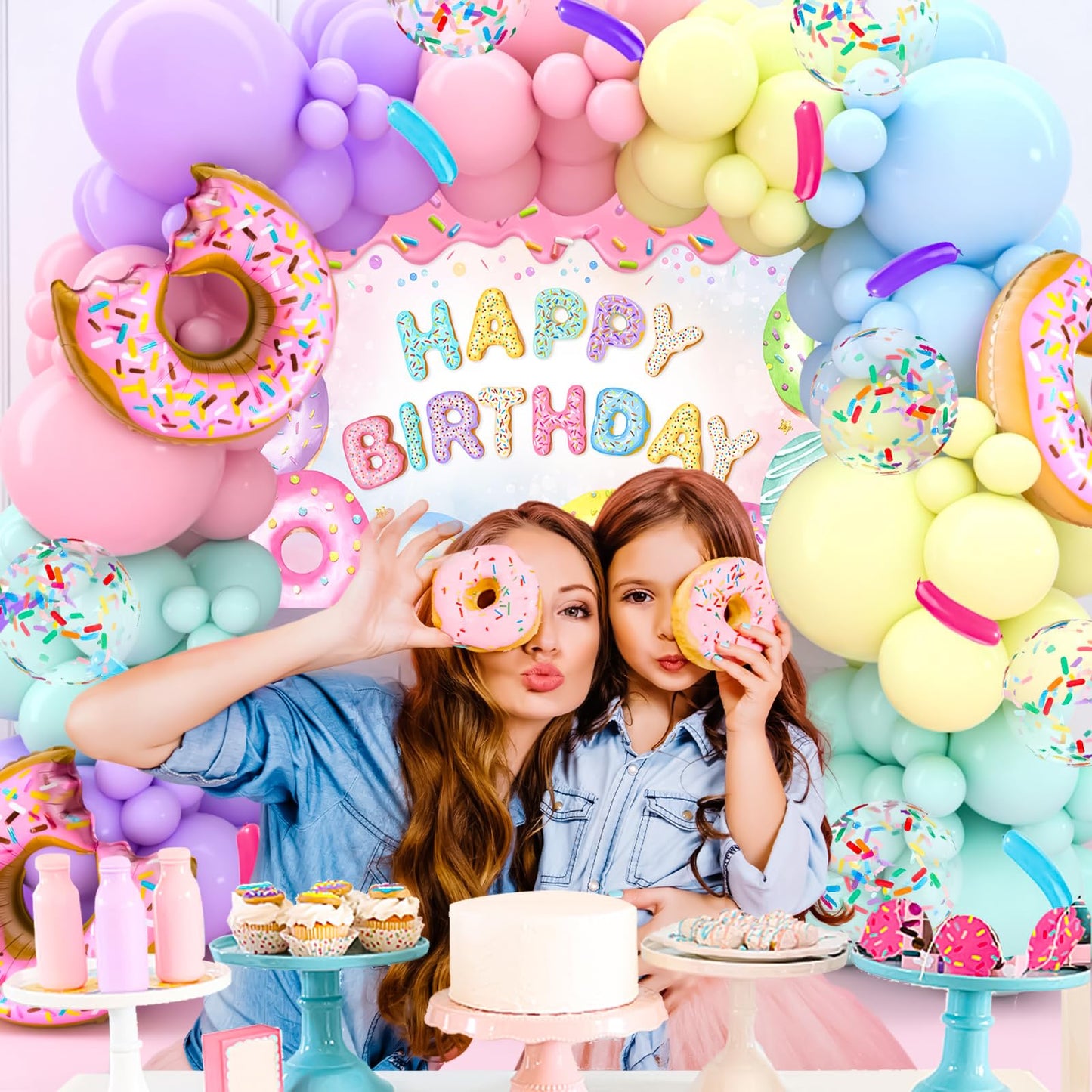Pink Purple Blue Green Yellow Macaron Latex Balloons, Foil Donut Ice Cream Candy Balloon Sweet One Backdrops for Girls Women Birthday Party