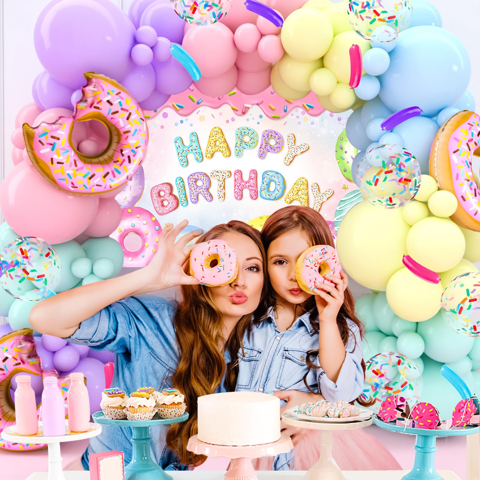 Pink Purple Blue Green Yellow Macaron Latex Balloons, Foil Donut Ice Cream Candy Balloon Sweet One Backdrops for Girls Women Birthday Party