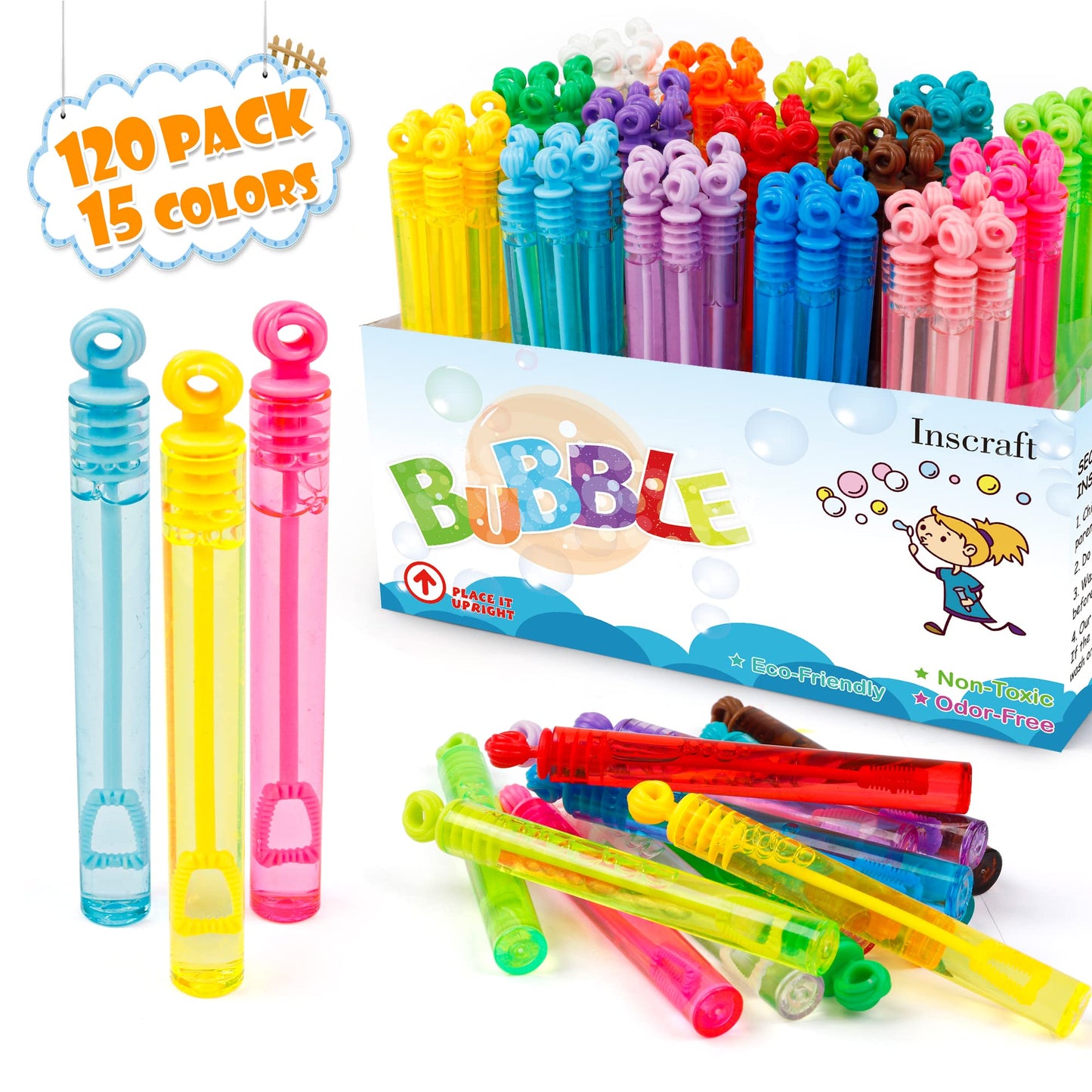 Inscraft Bubble Wand, 120 Pack Mini Bubble Wands Bulk 15 Colors for Halloween, Summer Toys, Wedding, Outdoor Indoor Activity Use, Bubbles Party