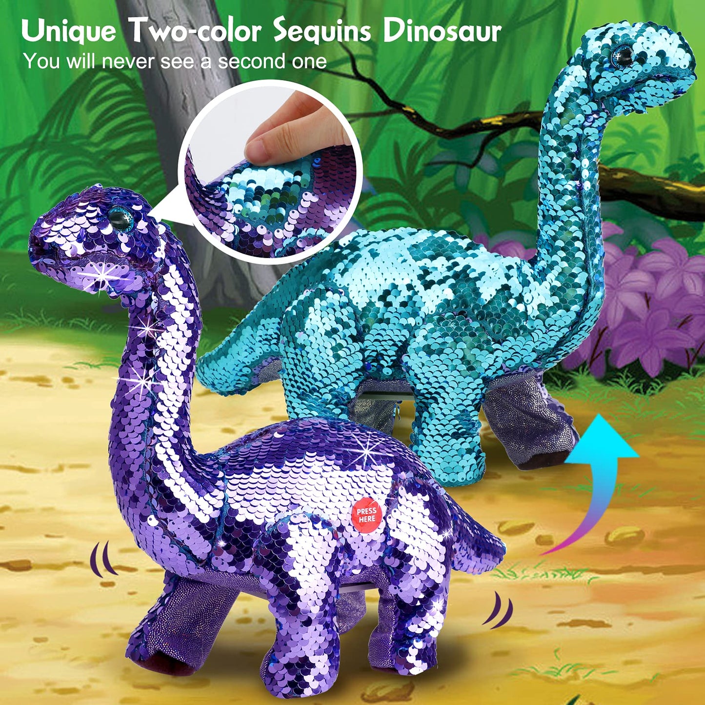 Koonie Dinosaur Toys for Girls, 2 Year Old Girl Toys, Purple Dinosaur Remote Control Reversible Sequins Dinosaur Toy Can Repeat Walk Roar Sing