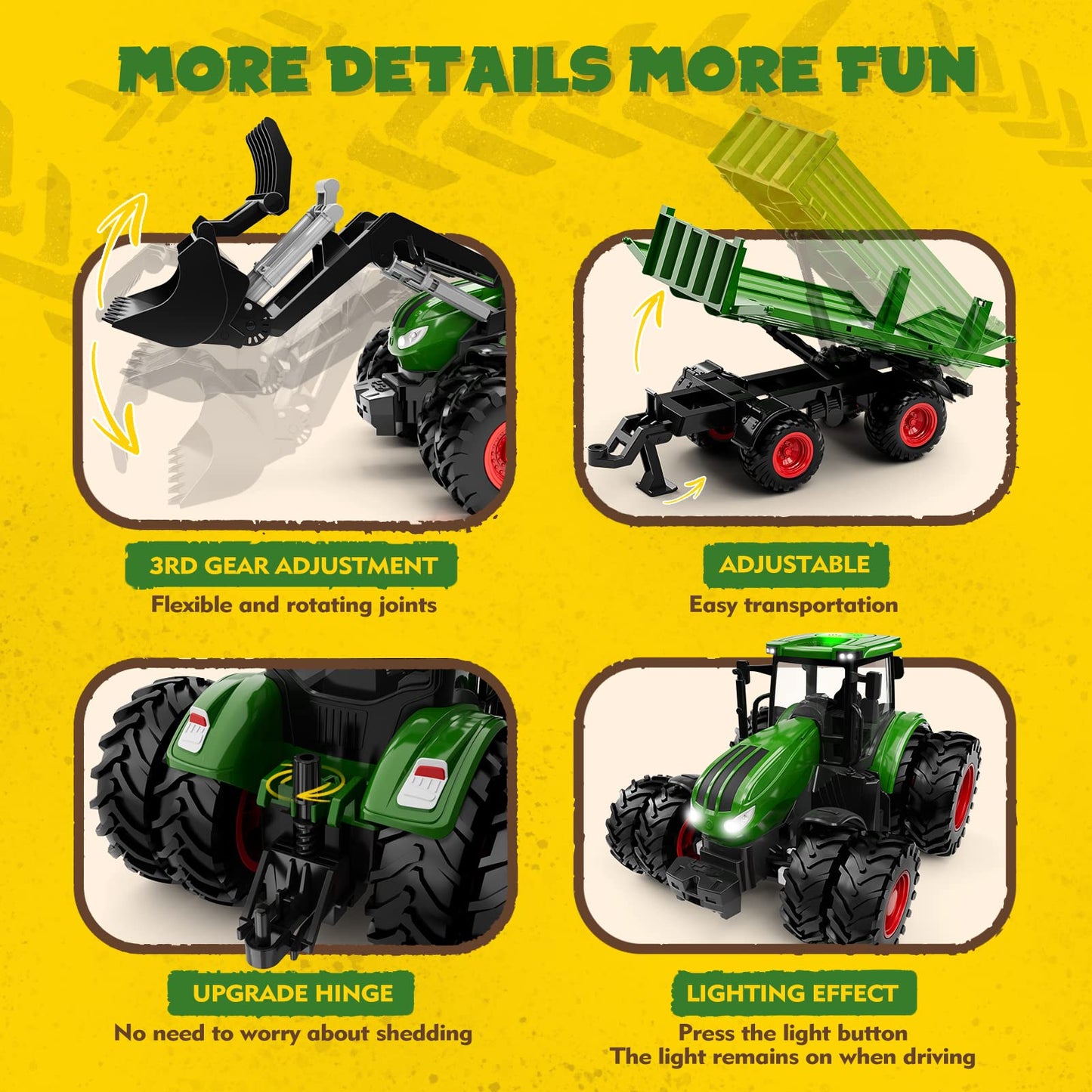 Uarzt Remote Control Tractor Toy with Trailer | Metal Front & Front Loader Farm Vehicle Set with Lights & 8-Wheel Design, RC Tractor Truck for Boys