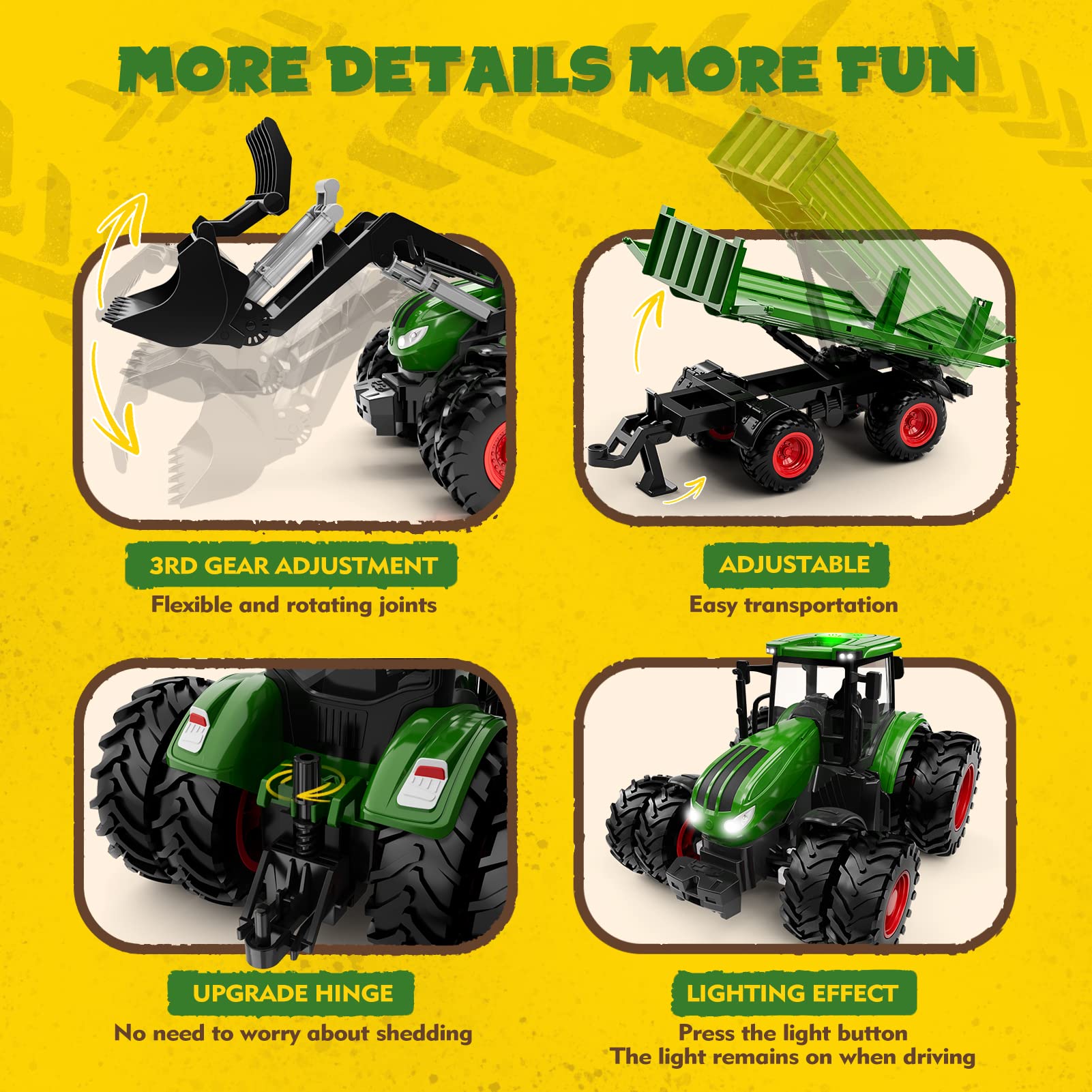 Uarzt Remote Control Tractor Toy with Trailer | Metal Front & Front Loader Farm Vehicle Set with Lights & 8-Wheel Design, RC Tractor Truck for Boys