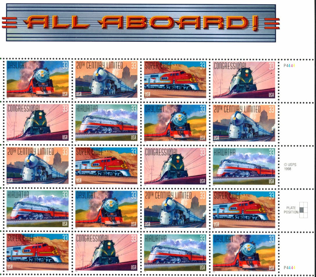 All Aboard Railroad Collectible Stamp Sheet of 20 33 Cent Stamps Scott 3337a