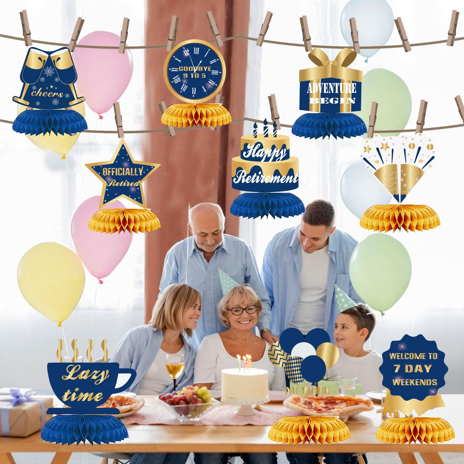 WINPOGEE 9Pcs Happy Retirement Decorations Table Honeycomb Centerpieces Party Supplies Blue Gold Retirement Adventure Awaits Sign for Men Retired