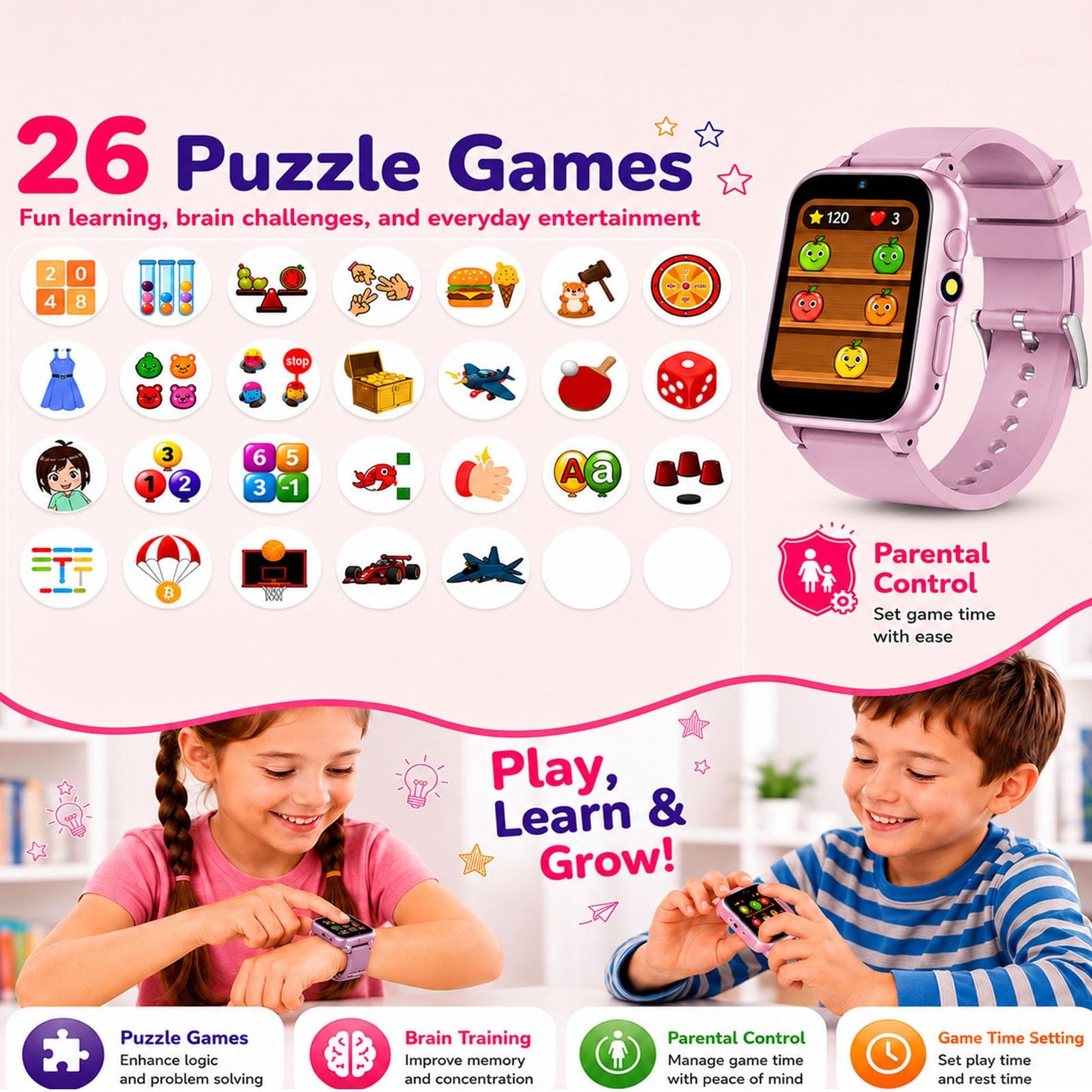 iCHOMKE Smart Watch for Kids, Pink