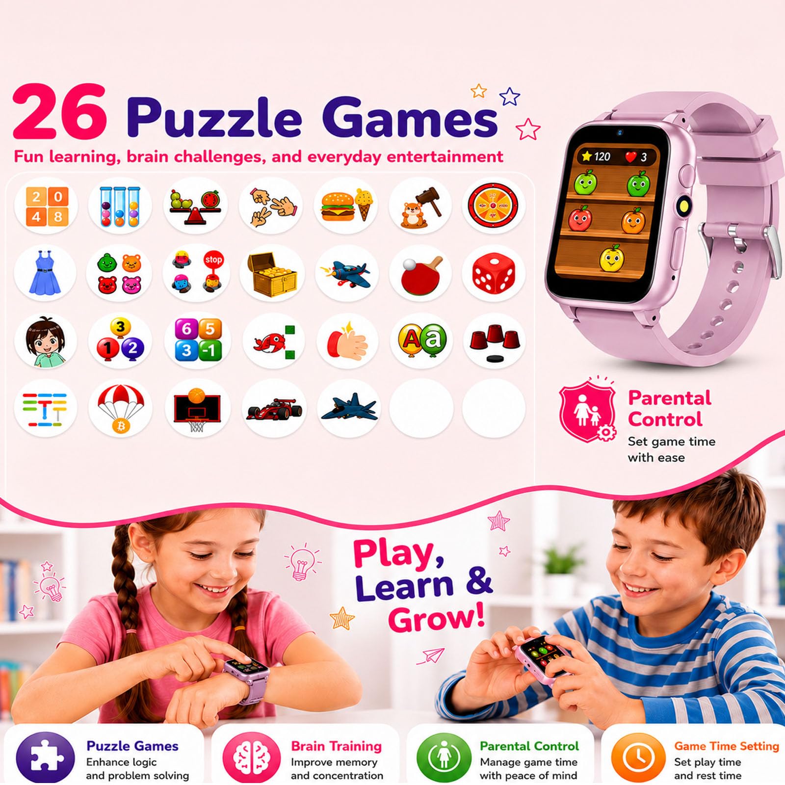 iCHOMKE Smart Watch for Kids, Pink