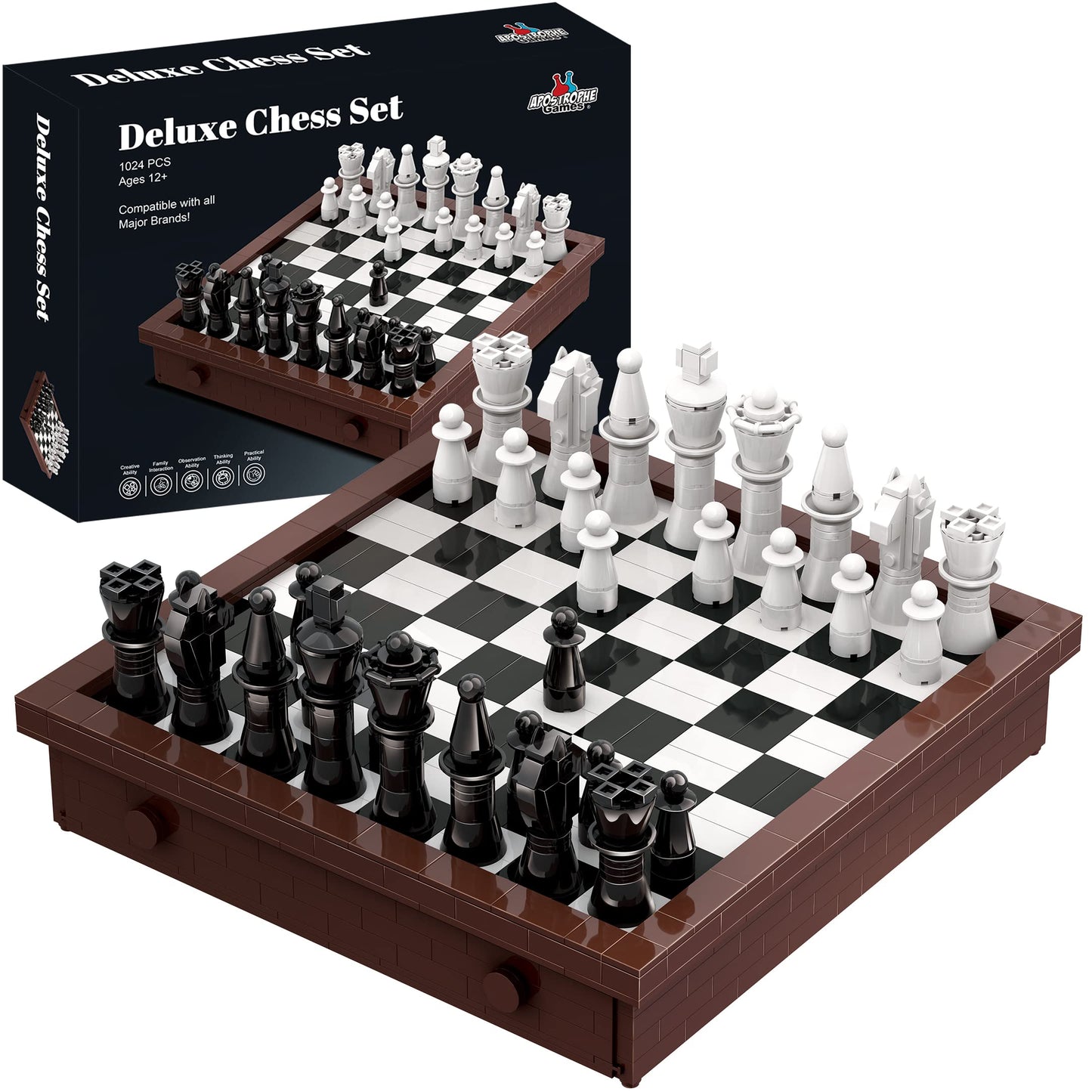 Apostrophe Games Building Block Chess Set - 1,024 Pcs Build Your Own Chess - Game Pieces & Board, Compatible with the Major Brand of Building Blocks