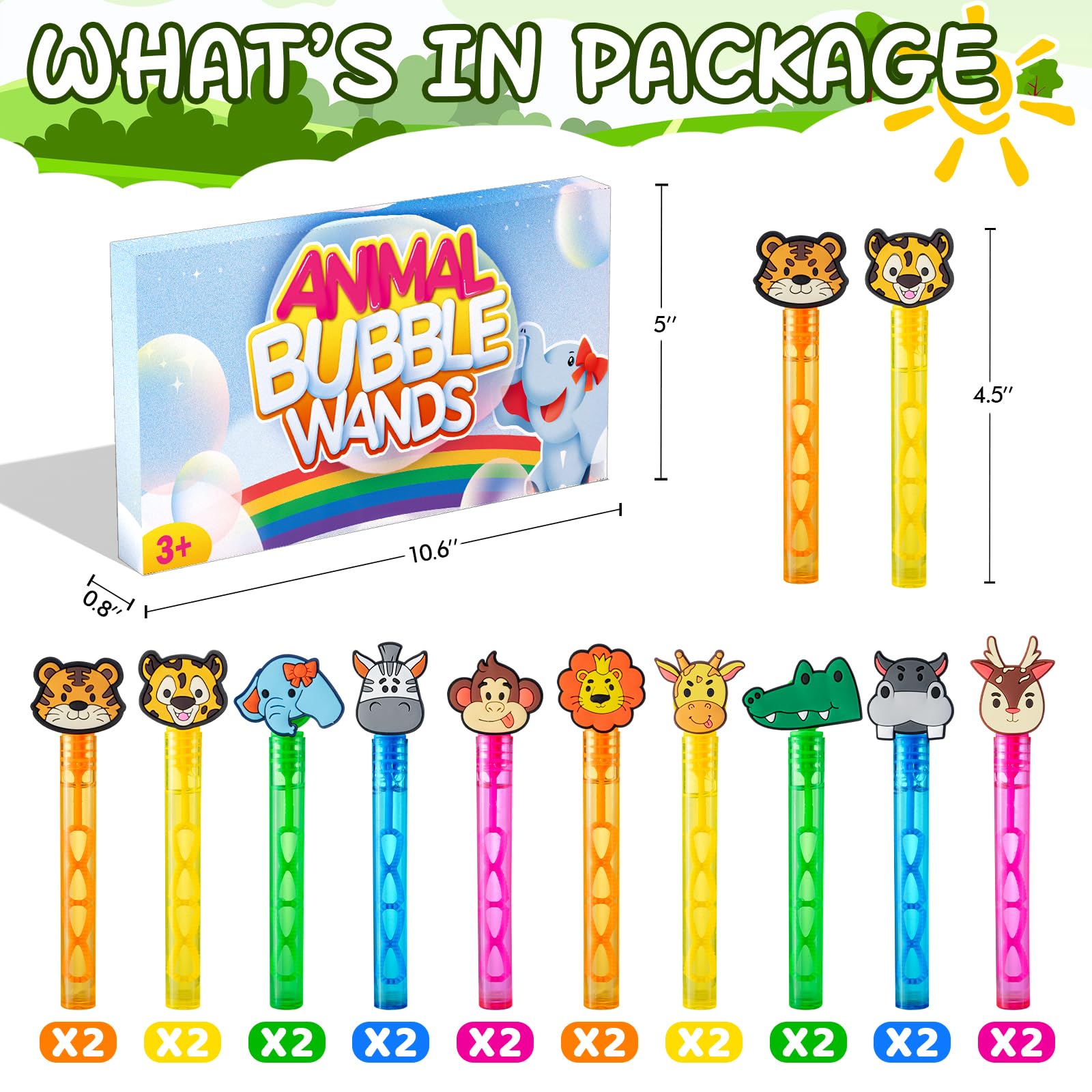 WHALEISLAND 20PCS Safari Animal Bubble Wands, Jungle Party Favors for Kids