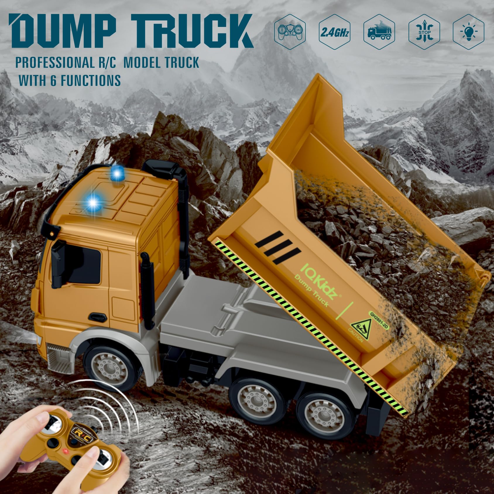 IQKidz Remote Control Dump Truck Toys - RC Construction Vehicles with Blue Warning Lights, Trucks Toy for Boys Girls 3 4 5-7 8 9 10 Year Old and Up