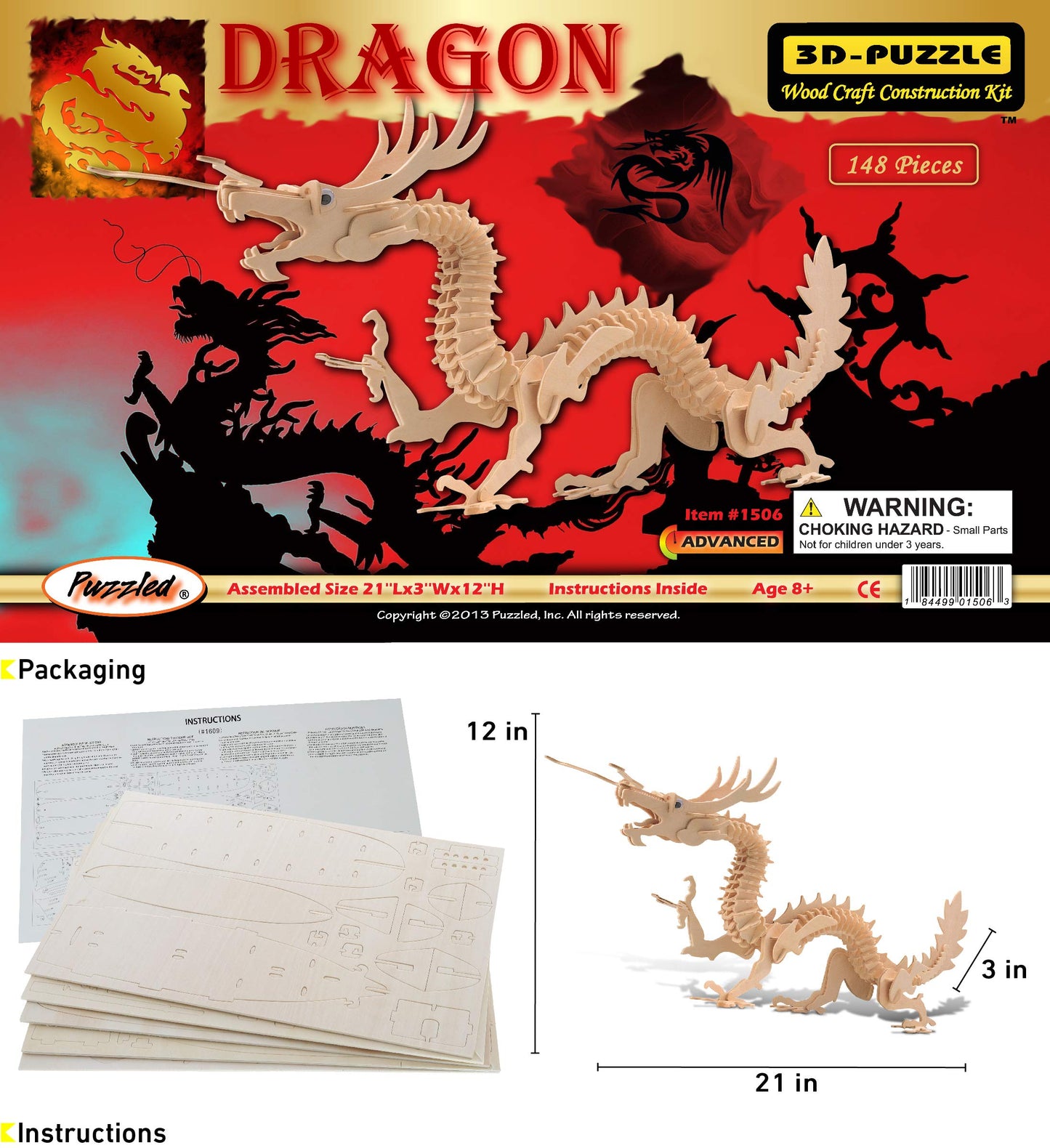Puzzled 3D Puzzle Dragon Building Kit - Wooden Dragon Puzzle Toy for Kids and Adults, Educational DIY Wood Puzzle Toy Dragon, Dragon Model Kit 3D
