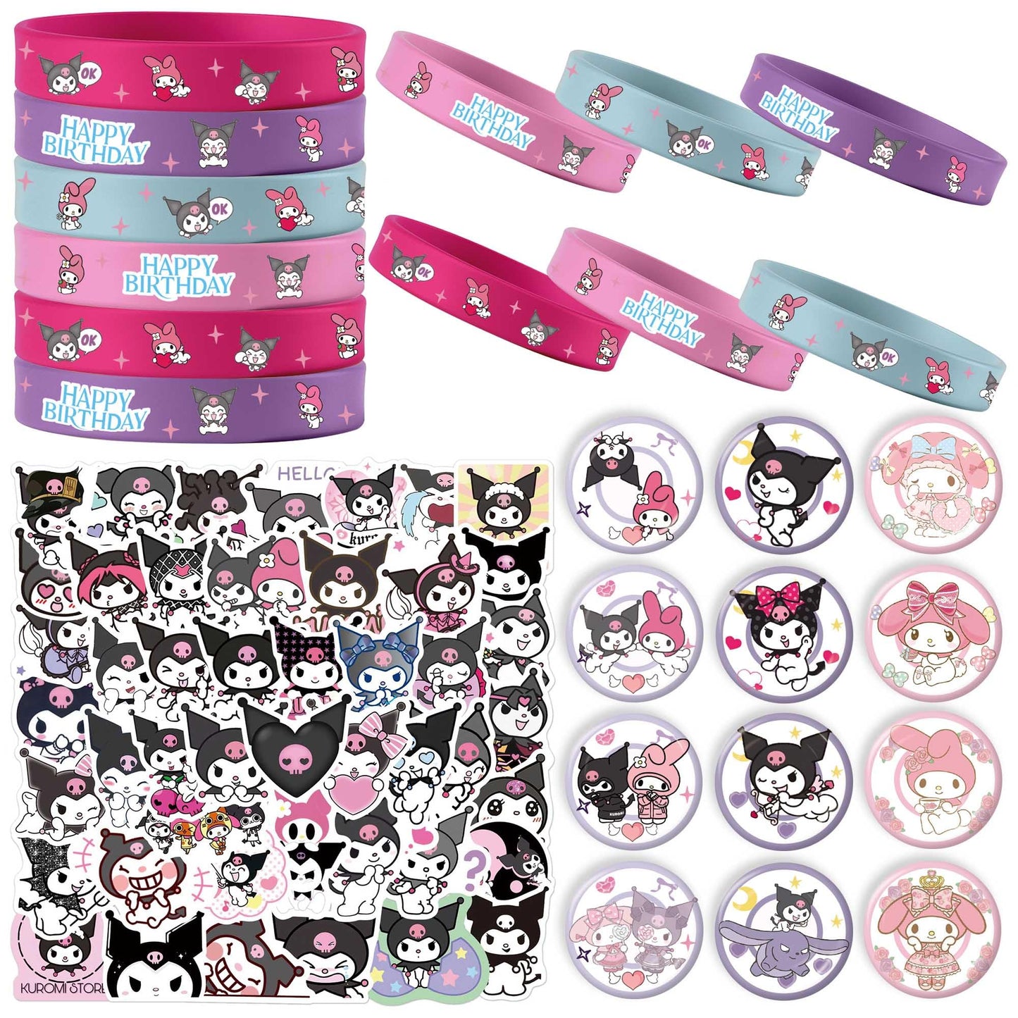 Signreen Kawaii Birthday Party Decorations, Kawaii Birthday Party Supplies Include 12 Bracelets, 12 Button Pins, 50 Stickers, Kawaii Party Favors