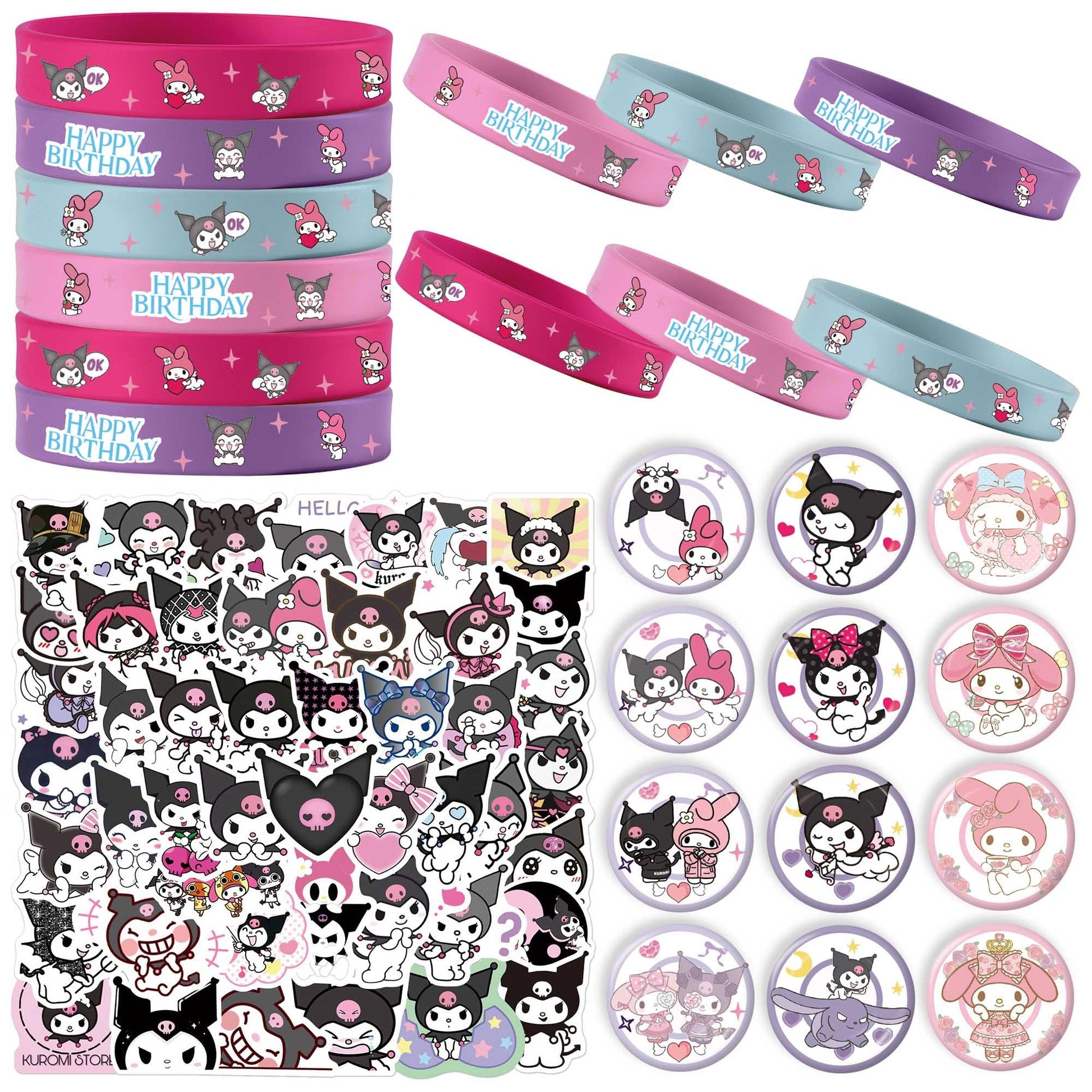 Signreen Kawaii Birthday Party Decorations, Kawaii Birthday Party Supplies Include 12 Bracelets, 12 Button Pins, 50 Stickers, Kawaii Party Favors