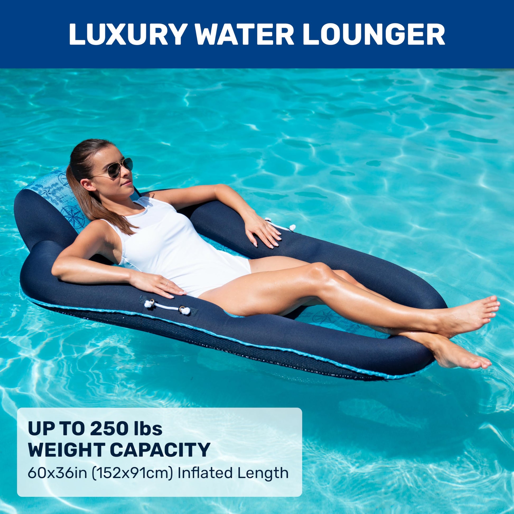 Aqua Luxury Water Lounge, X-Large, Inflatable Pool Float with Headrest, Backrest & Footrest, Navy/Light Blue