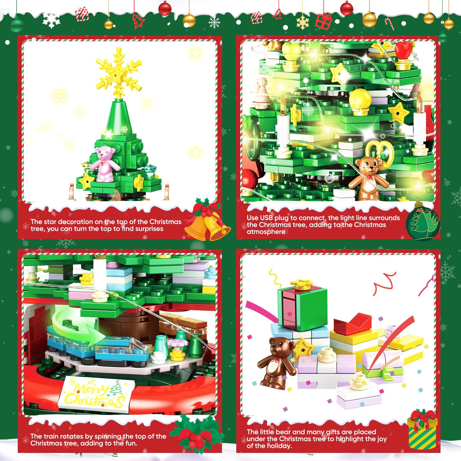 Zeluuyu Christmas Tree Building Block with LED Light, Rotating Christmas Tree 2024 Building Set for Adults, Christmas Tree Building Kit Xmas Gift