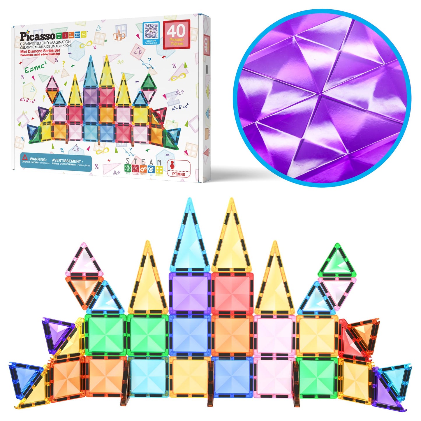 PicassoTiles Magnetic Tiles Building Blocks Mini Size Diamond Series Magnet Toys Travel Size On-The-Go Magnets Construction Sensory Toys Gifts