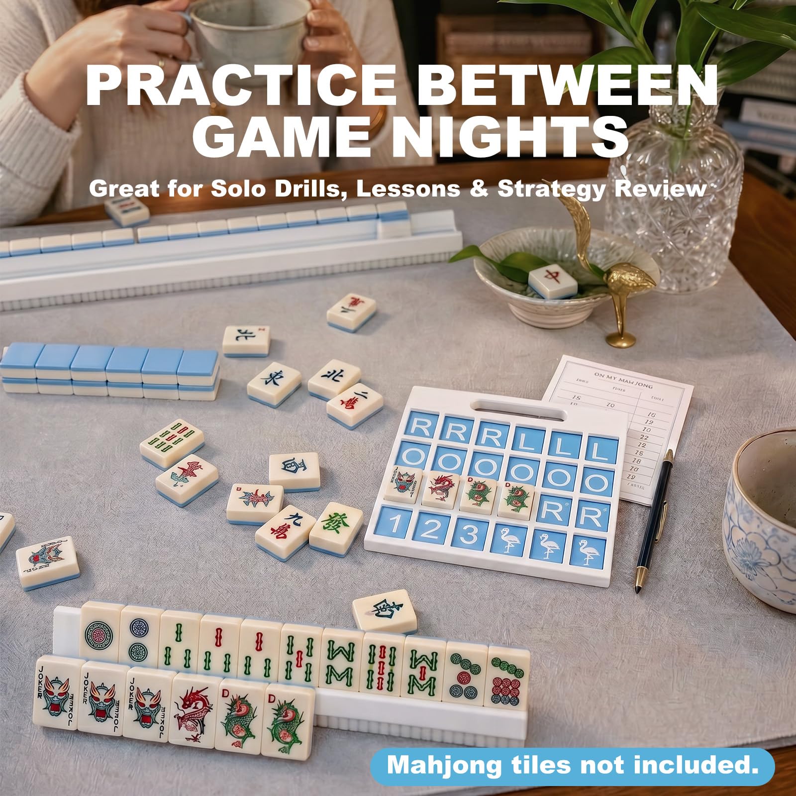 Solo Mahjong Board Blue, American Mahjong Charleston Training Tool with R-L-O Passing Guide and Handle, Mah Jongg Practice Board for Beginners