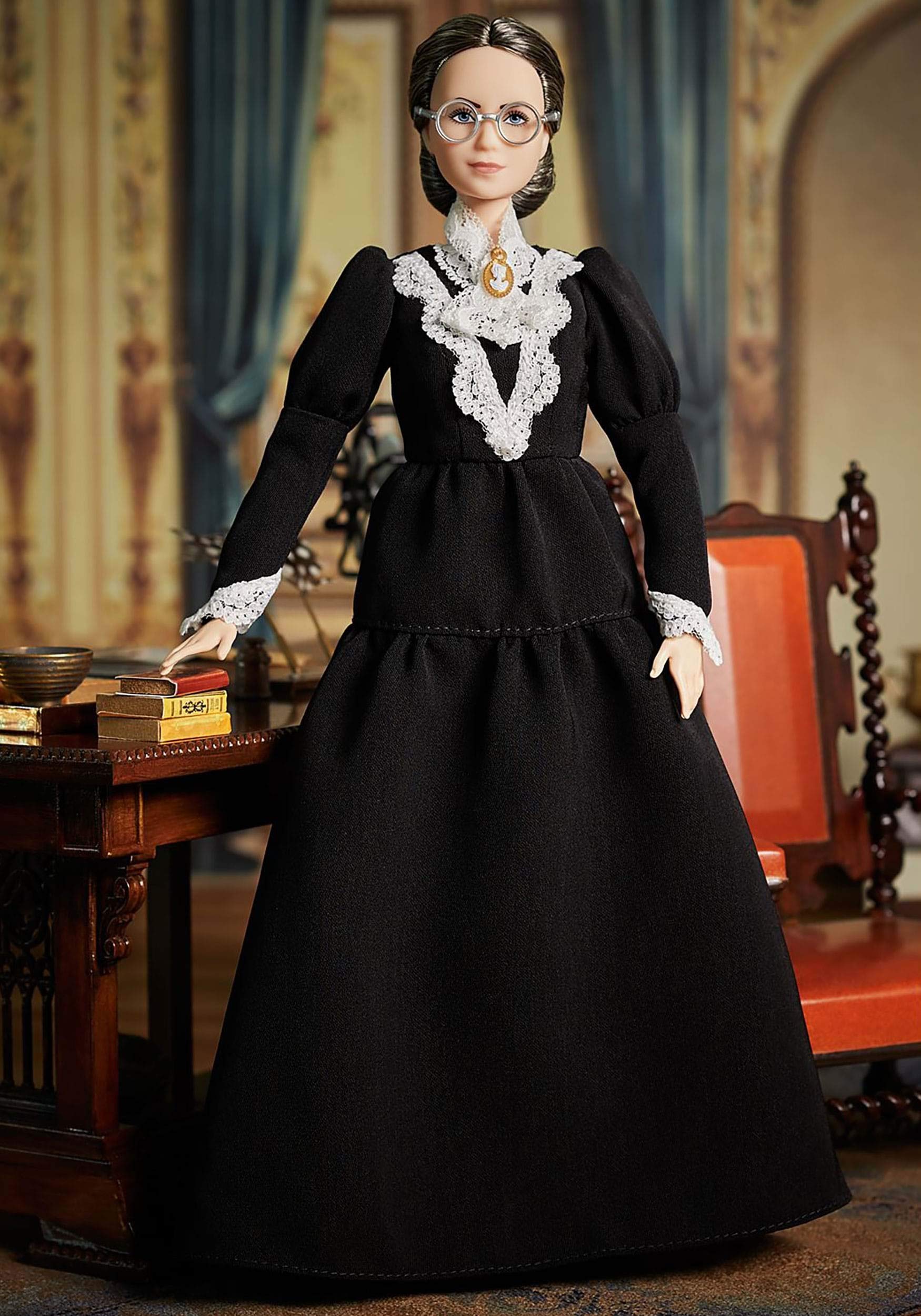 Barbie Inspiring Women Series Susan B. Anthony Collectible Doll, Approx. 12-in, Wearing Black Dress and Cameo Brooch, with Doll Stand and Certificate