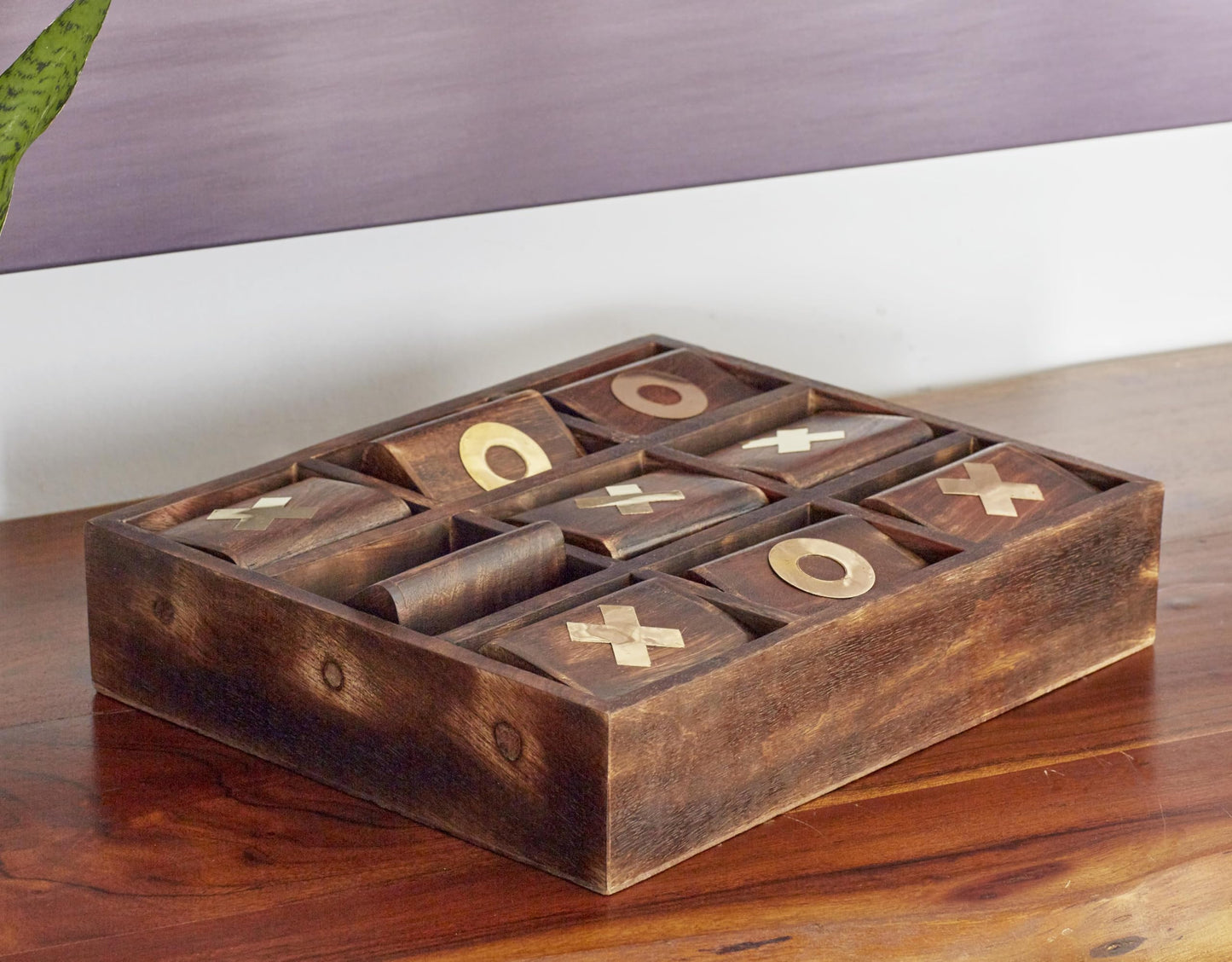 Deco 79 Mango Wood Tic Tac Toe Game Set with Gold Inlay, 11" x 13" x 3", Dark Brown