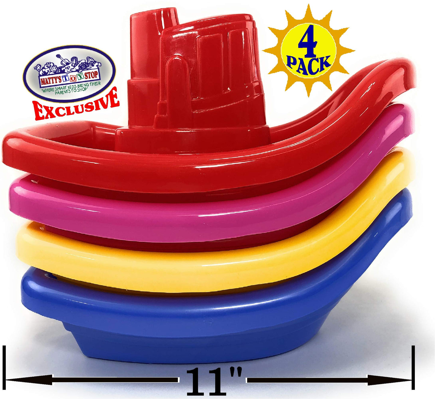 Matty's Toy Stop Plastic Nesting/Stacking Tug Boats (11") Red, Blue, Pink & Yellow Gift Set Bundle, Perfect for Bath, Pool, Beach Etc. - 4 Pack