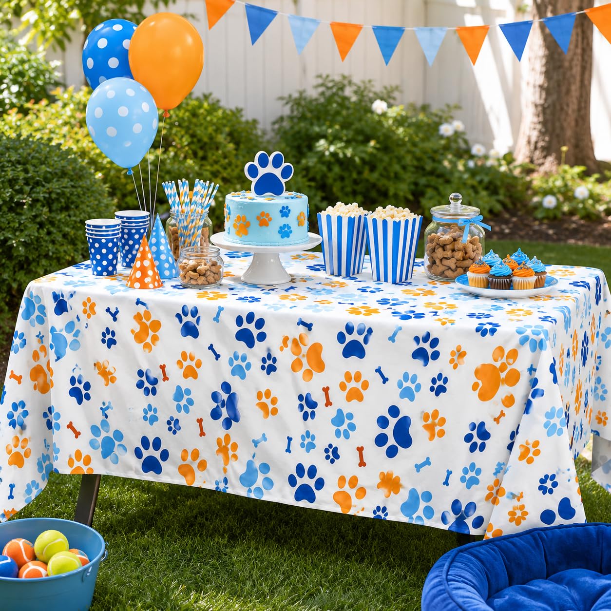 ASIMAO Puppy Paw Print Plastic Tablecloth,Blue Dog Birthday Party Supplies?Blue Birthday Tablecloth?Puppy Dog Birthday Party Decorations.