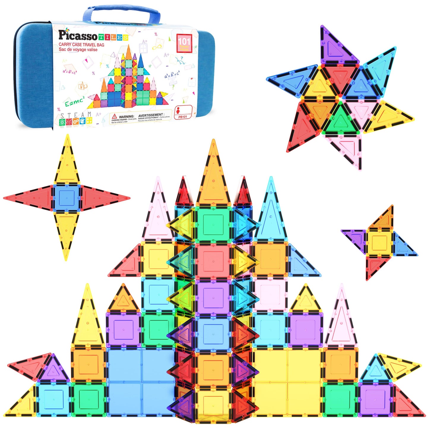 PicassoTiles 101 PCs Magnetic Tiles Building Block with Storage Case Included Bold Colors Travel Carry Case Construction Set for Boys & Girls Great