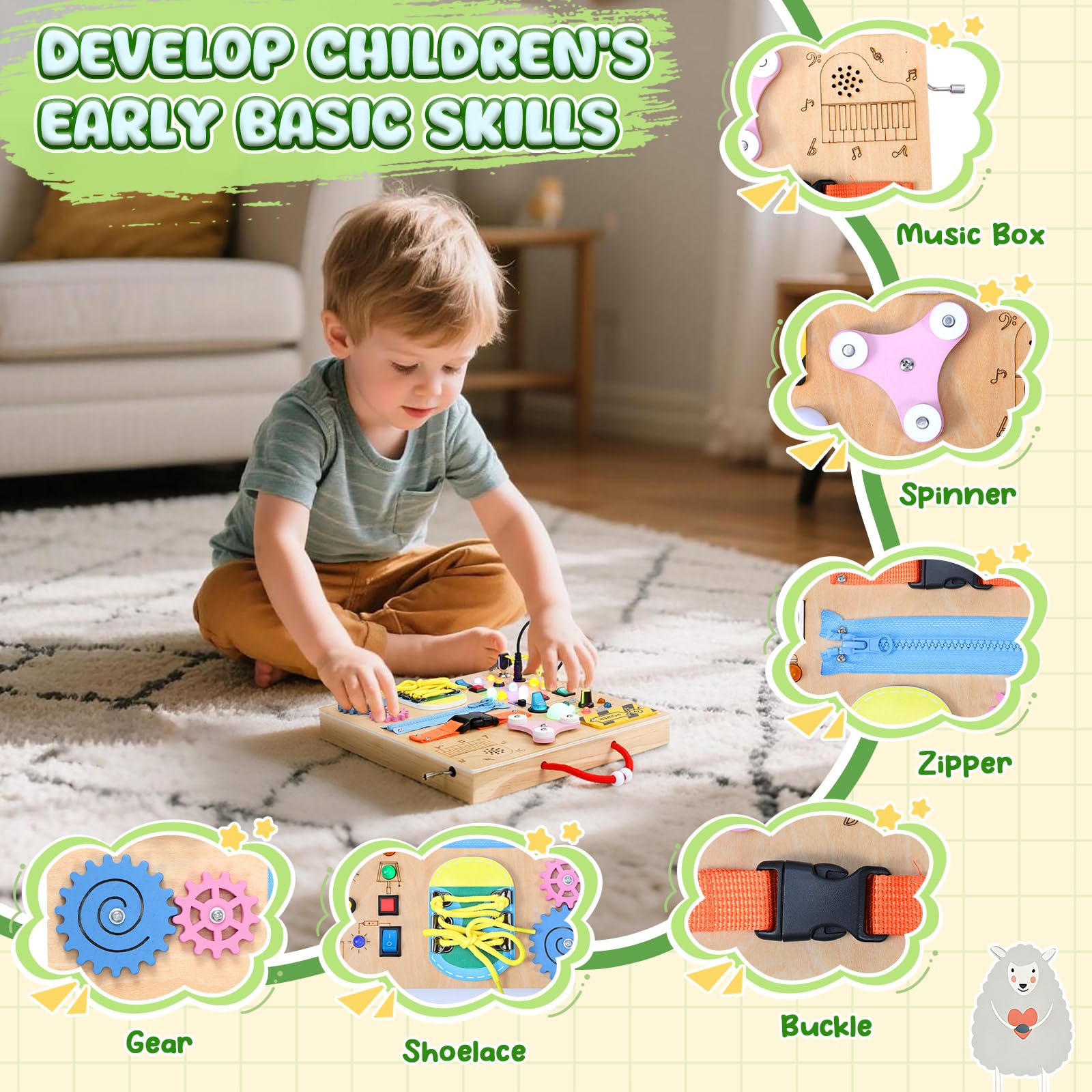 MoKo Montessori Busy Board Toys for 3+ Years Old Wooden Sensory Toys Board with LED Light Up Switch, Locks, Zippers, Music Boxes Learning Educational