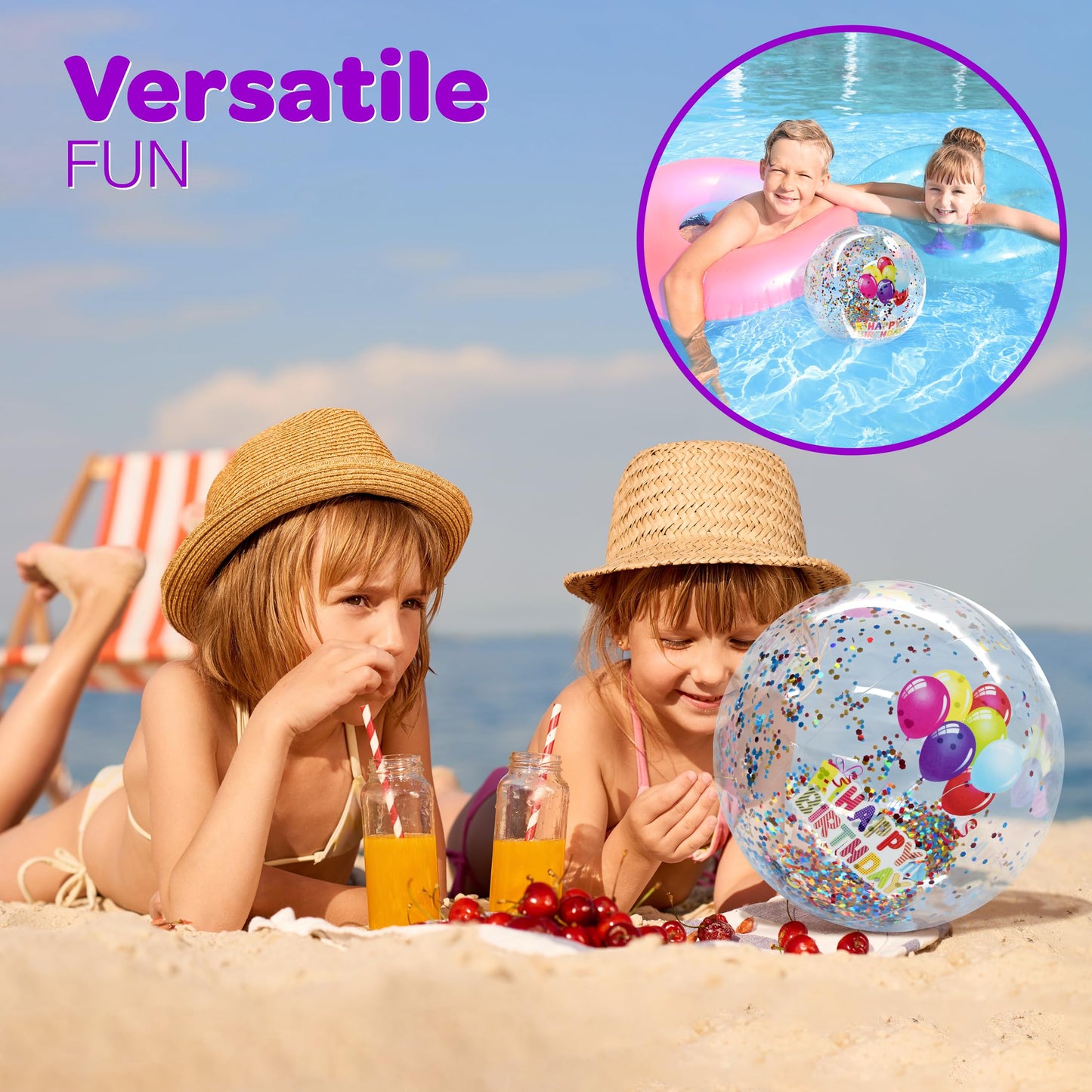 4E's Novelty 22 Inch Large Happy Birthday Beach Ball with Glitter Inside, for Pool Birthday Decorations Supplies, Outdoor Yard Games, Inflatable Pool