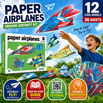 Vexorith Paper Airplane Kit for Kids Ages 8-12, 5-8 - 36 Designer Origami Papers with 12 Flying Plane Styles, STEM Craft & Educational Toy Gift