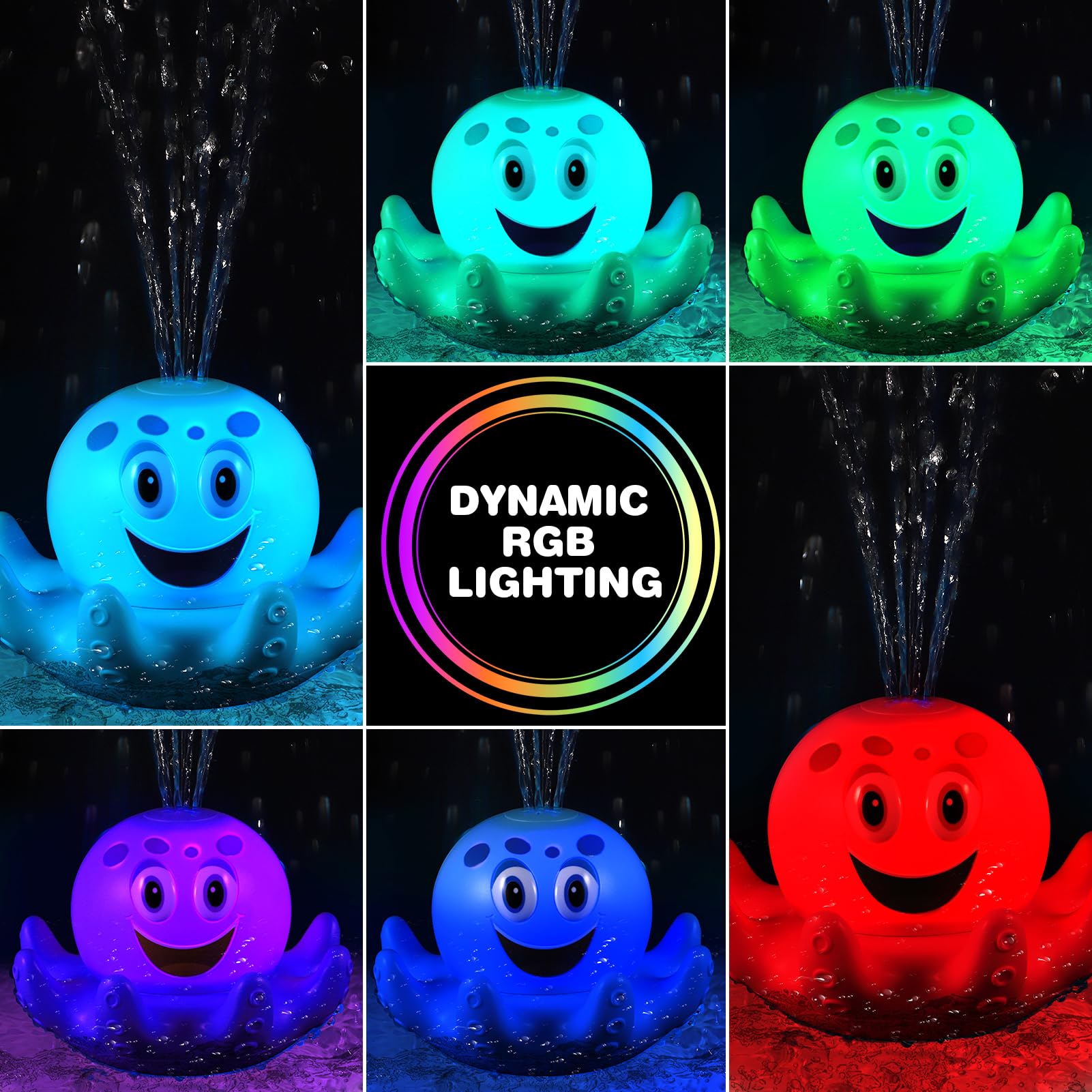 Octopus Bath Toys for Toddlers| Rechargeable Automatic Sprinkler Water Toys with LED Lights & 4 Toss Rings,150 Mins Battery Life,Baby Toys for 6-12