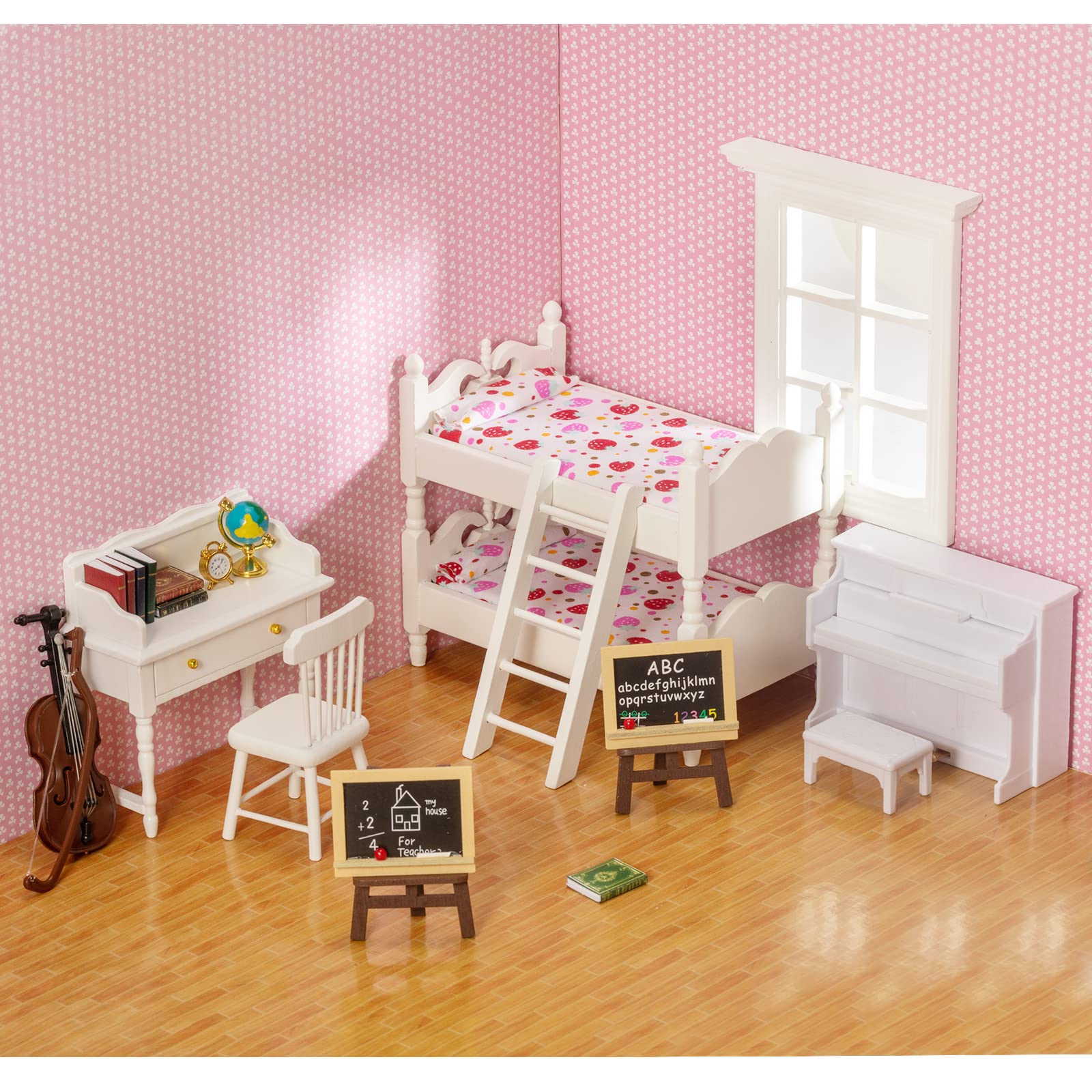 SAMCAMI Miniature Dollhouse Furniture 1 12 Scale - Wooden Dollhouse Bed Set - Doll House Furniture Toys Incl Doll Bed, Desk, Books, blackboards