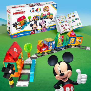 Tytan Official Disney Junior Mickey Mouse Jumbo Train Magnetic Tile Set - 112-Piece STEAM Toy Featuring Magnetic Cubes, Wheeled Bases, Reusable